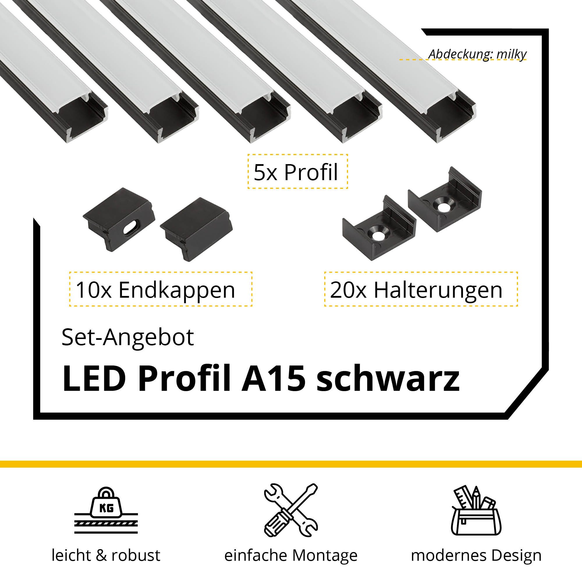 tktrading24 LED-Stripe-Profil 5x A15 LED Profil 2m - Schwarz inkl. Abdeckung, Halter & Endkappen – Bild 2 von 5