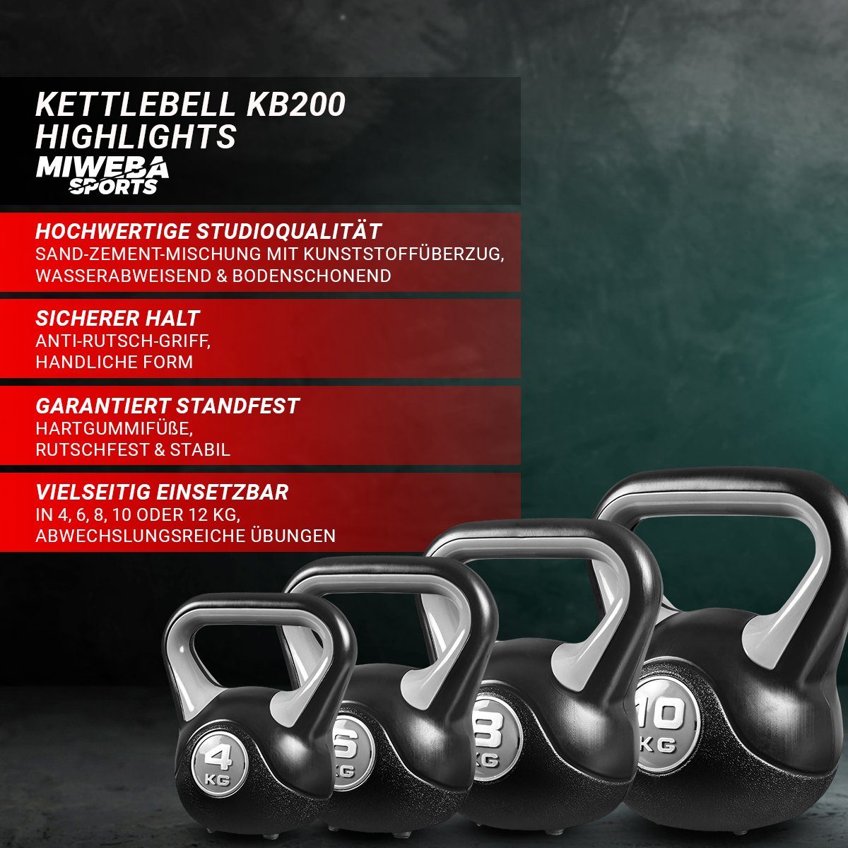 Miweba Sports Kettlebell Kettlebell KB200 - verschiedene Varianten, (Anti-Rutsch-Griff - Hartgummifüße - wasserabweisend - geräuscharm - hochwertige Sand-Zement-Mischung - Profi Fitness Schwunghantel Indoor & Outdoor Workout Ganzkörpertraining Kugelgewicht Kurzhantel Kettle Bell), Kugelhantel Sport Fitness Kraftraining Hantel Gewichte Workout