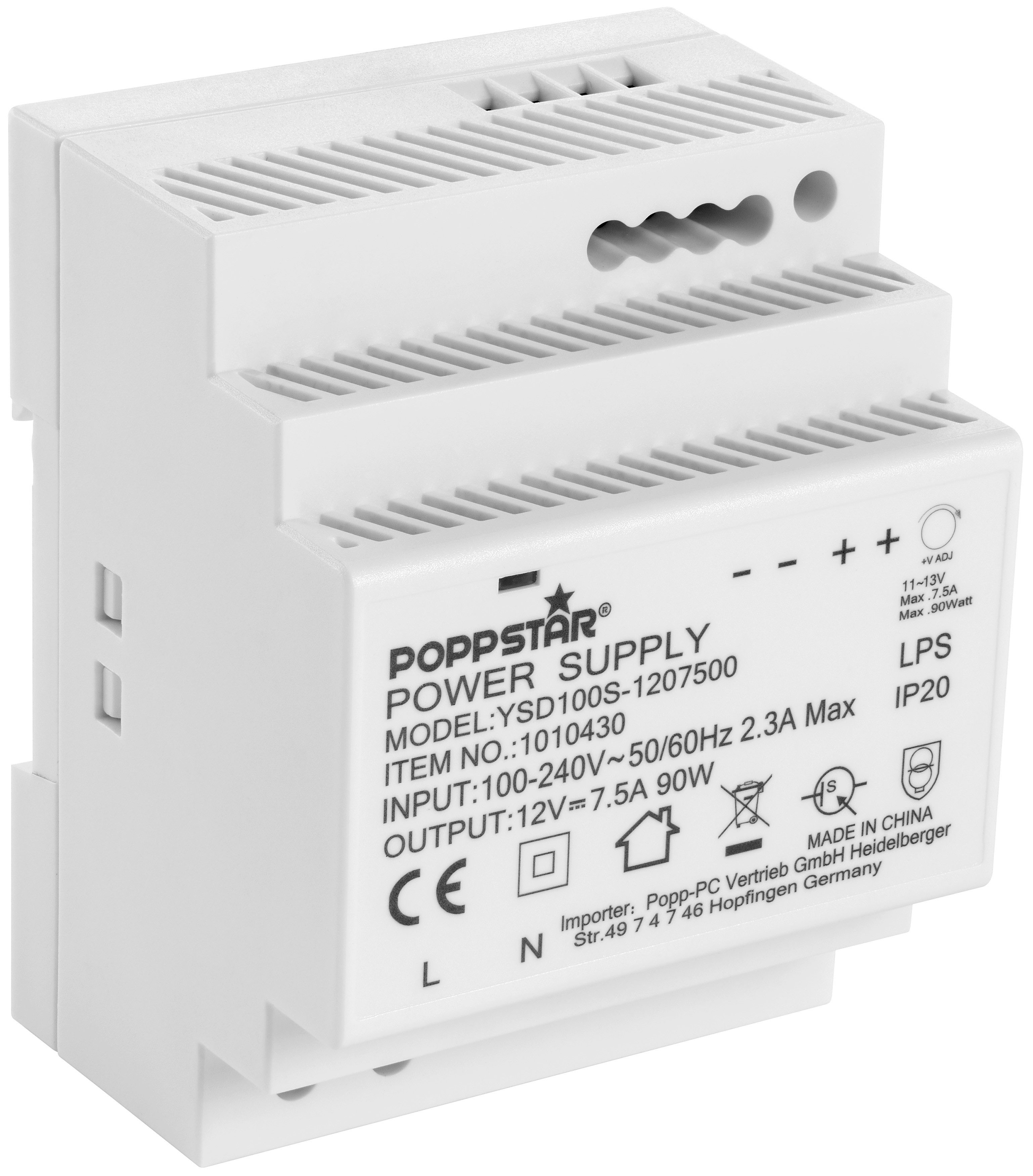 Poppstar DIN Rail Netzteil 90W 12V DC 7,5A Hutschienen-Netzteil (Netzteil für Hutschiene (Input 100-240 V AC 50/60 Hz)