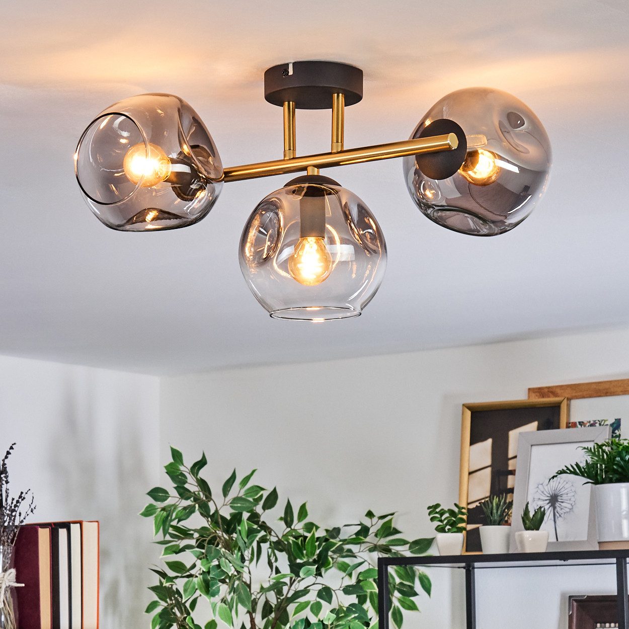 hofstein Deckenleuchte Deckenlampe aus Metall/Glas in Schwarz/Gold-/Rauchfarben/Klar, Deckenleuchte im modernen Vintage-Design (Schirme Ø 15 cm), 3 x E14