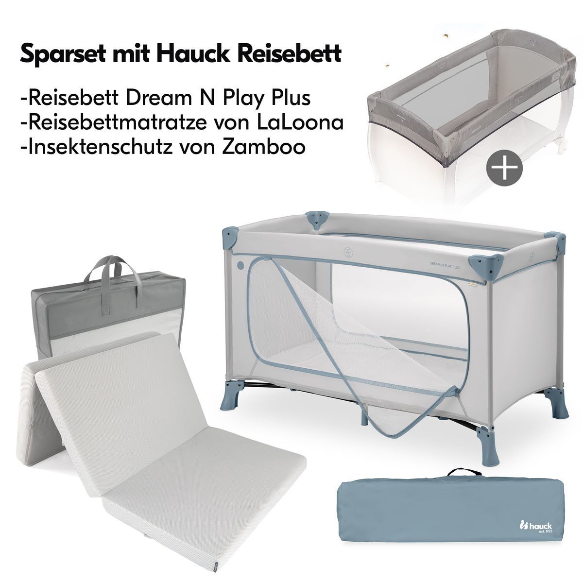 Hauck Baby-Reisebett Dream N Play Plus - Dusty Blue, Kinder Baby Reisebett mit großem Eingang, Matratze & Insektenschutz
