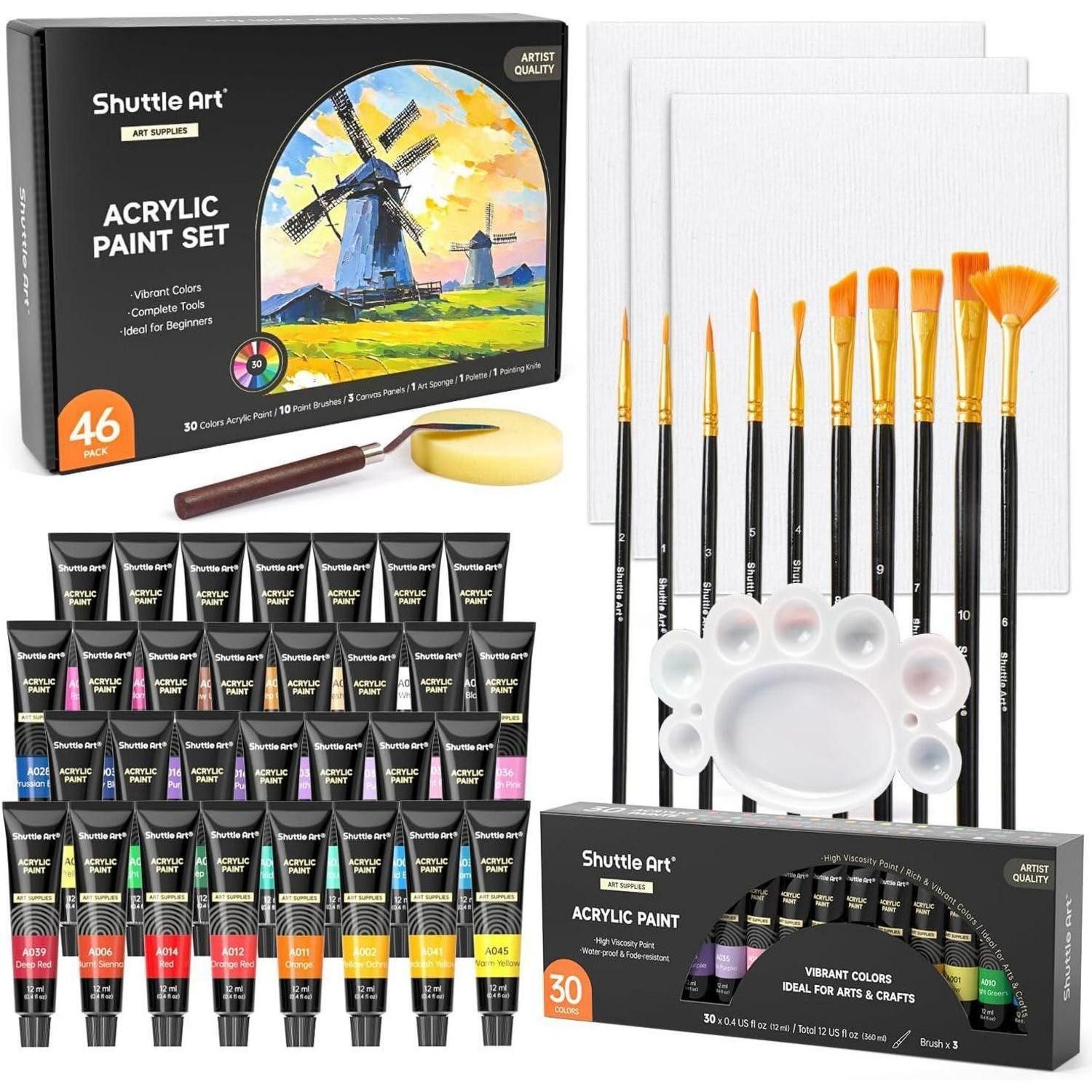 LuxusKollektion Künstlerstift Acrylfarben Set 46-teilig 30 Farben Pinsel Leinwände Palette