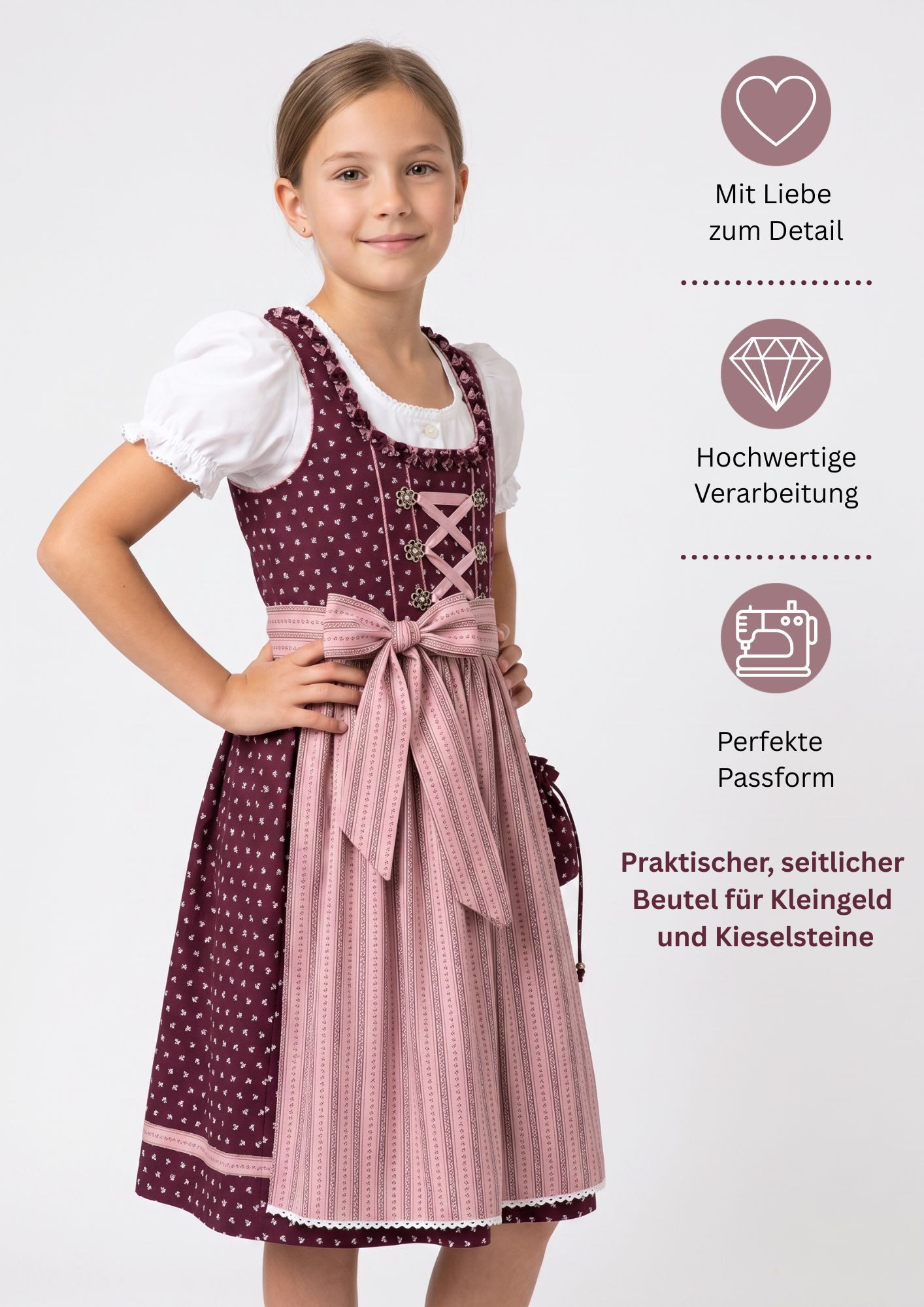 Nübler Dirndl Kinderdirndl 3-teilig Nabilia in Weinrot von Nübler 3 teiliges Set aus Dirndl, Bluse und Schürze, Kinder Tracht