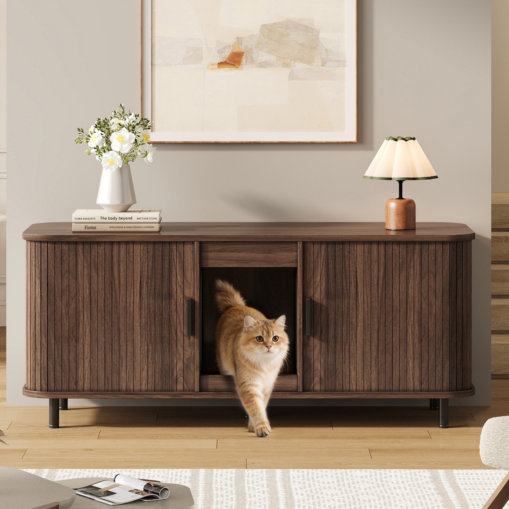 Flieks Katzentoilette Katzentoilettenschrank Katzenhaus Katzenklo-Schrank, Haustierschrank Katzenkloschrank mit Streuauffangmatte Nussbaumoptik