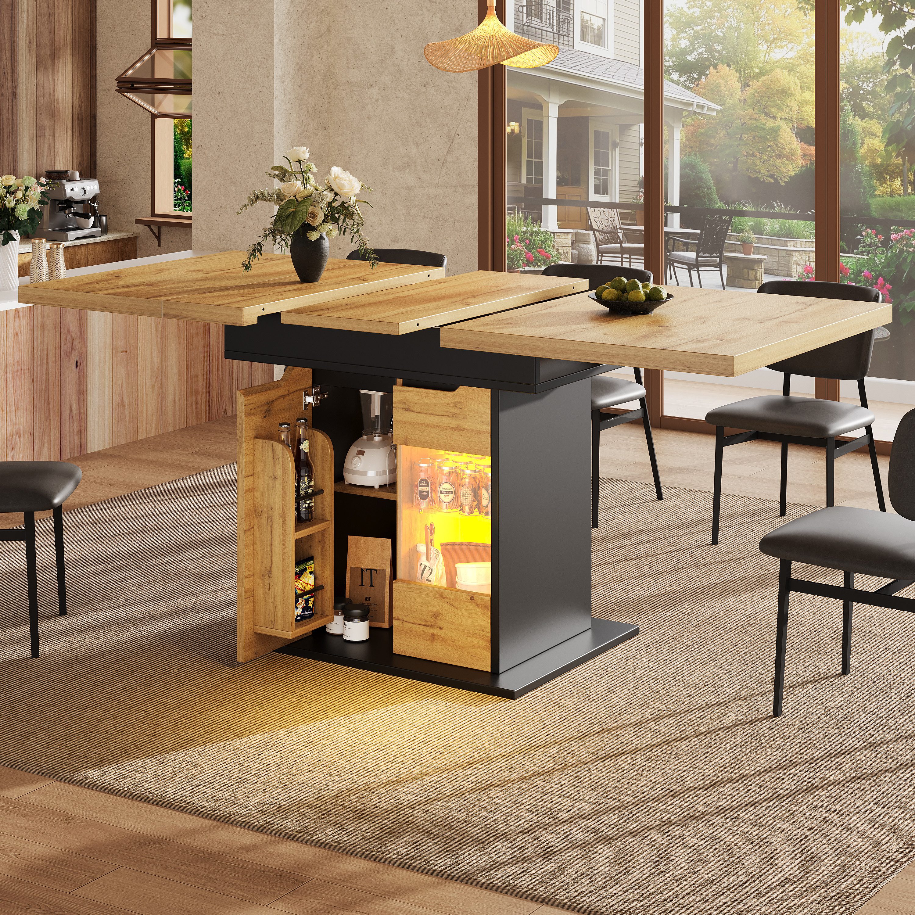 STILVORA Esstisch mit LED-Licht,Küchentisch Wohnzimmertisch ausziehbar mit Snackablage (Ausziehbarer Esstisch mit LED-Beleuchtung & Stauraum, Teleskoptisch mit Snackablage & Schranktüren, 1-St., 110-140*80*76cm)