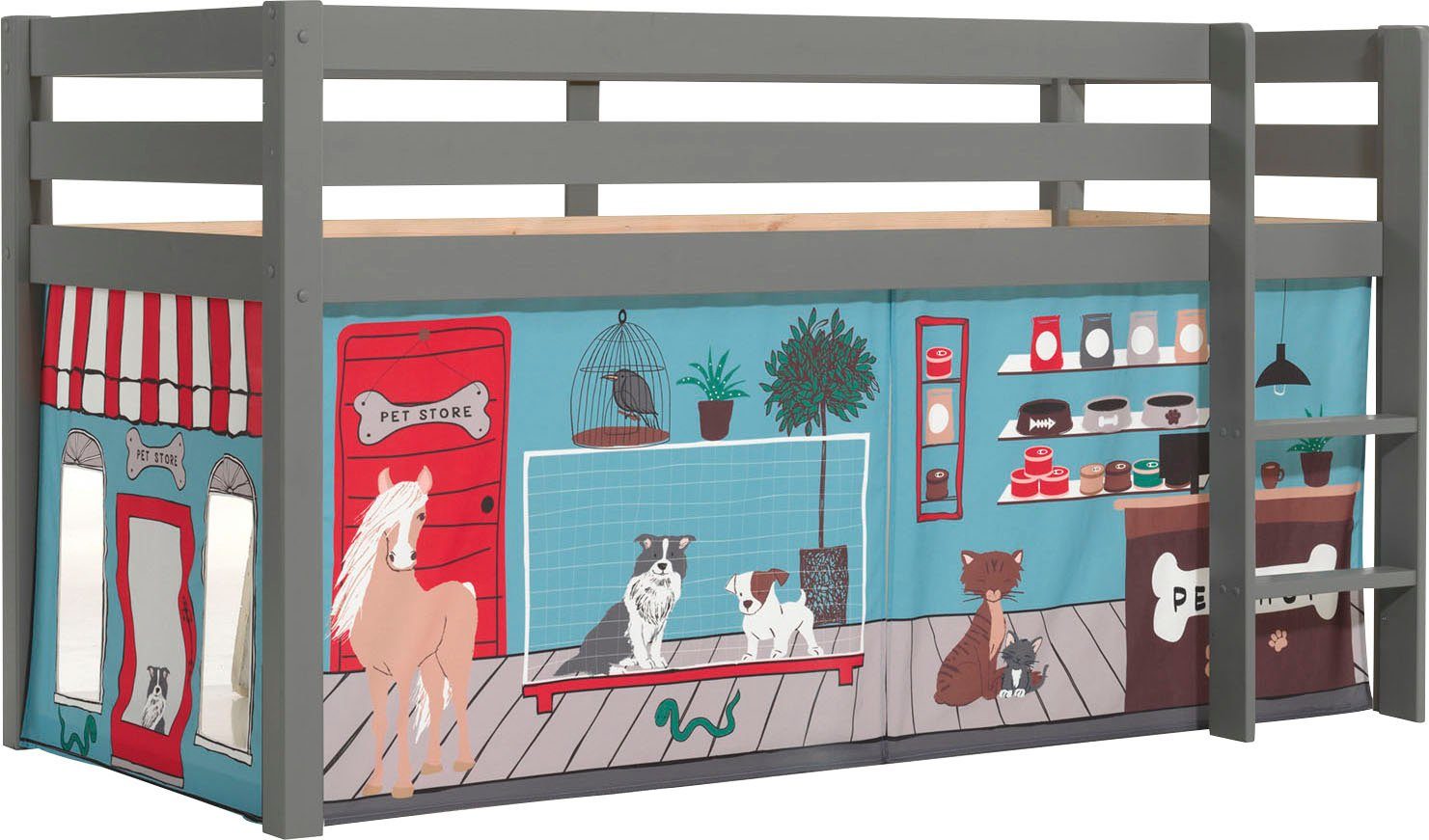 Vipack Spielbett Pino, Kiefer massiv, mit Rolllattenrost u. Textil-Set, Made in Europe (B/H/T ca. 210x114x106cm, mit Leiter und Absturzschutz), verschiedene Textil Dessins, 3 Gestellfarben zur Wahl