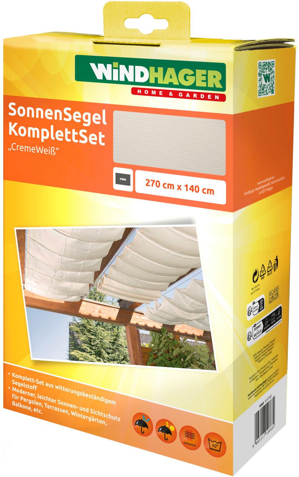 Windhager Seilspannsonnensegel komplett-Set, Sonnensegel und Montagezubehör, (1-tlg), Sonnenschutz für Garten, Terrasse, 140 x 270 cm, cremeweiß