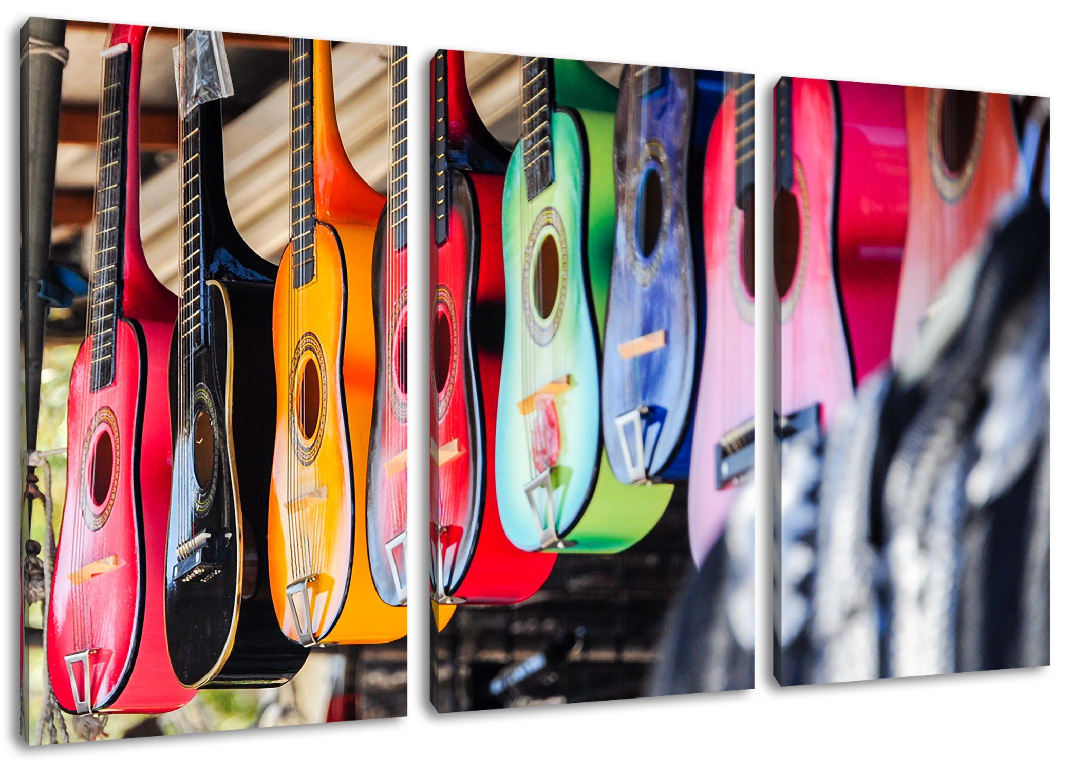 Pixxprint Leinwandbild bunte St), inkl. Zackenaufhänger Gitarren, fertig (1 bunte (120x80cm) 3Teiler bespannt, Leinwandbild Gitarren