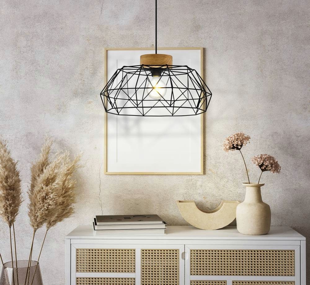 EGLO Hängeleuchte PADSTOW Hängelampe, Stahl und Holz, E27, IP20, Esszimmerlampe, Lampe, ohne Leuchtmittel, Hängeleuchte, Esszimmer, H110 x Ø45,5 cm, schwarz, natur, 1X60W exkl.