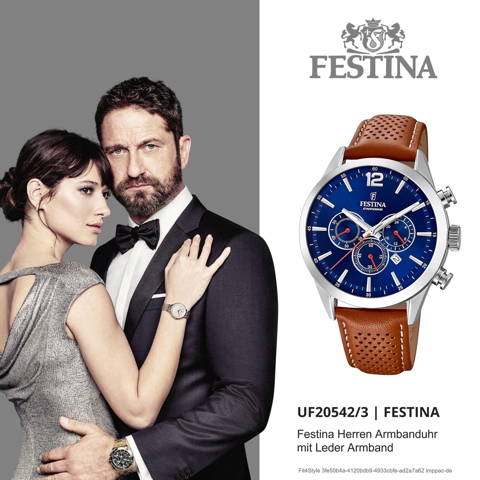 rundes 44mm), mit Festina (ca. Herrenuhr Uhr groß Lederarmband, Festina Chronograph Leder Herren Gehäuse, F20542/3, Fashion-S