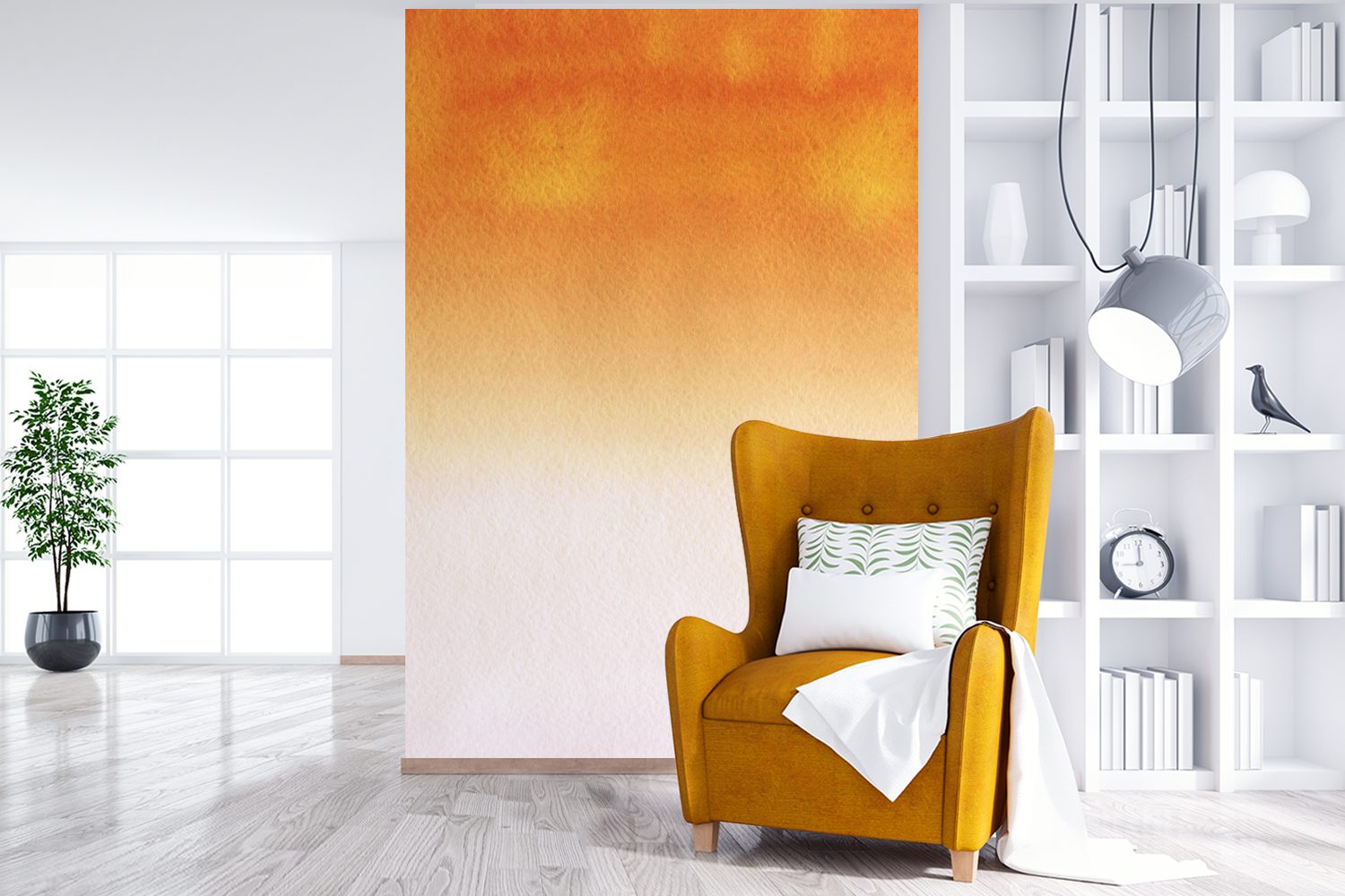 (3 für - Orange Fototapete Tapete Wandtapete bedruckt, - Aquarell Wohnzimmer, MuchoWow St), Weiß, Vinyl Matt, Montagefertig