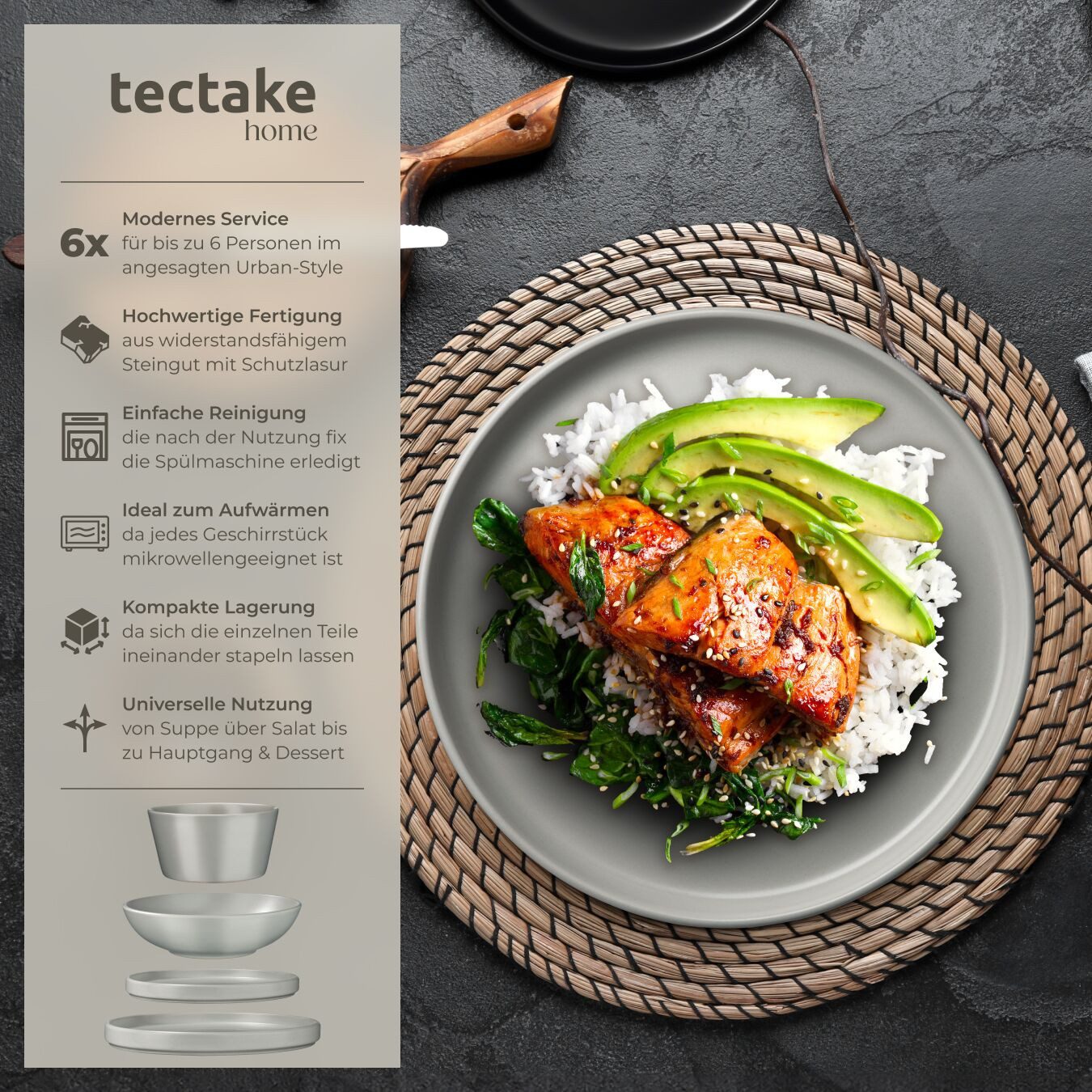 tectake Geschirr-Set Tafelservice aus Steingut für 6 Personen, ineinander stapelbar (24-tlg), 6 Personen, Steingut, im Urban-Style, mit Glasur, spülmaschinen- u – Bild 2 von 5
