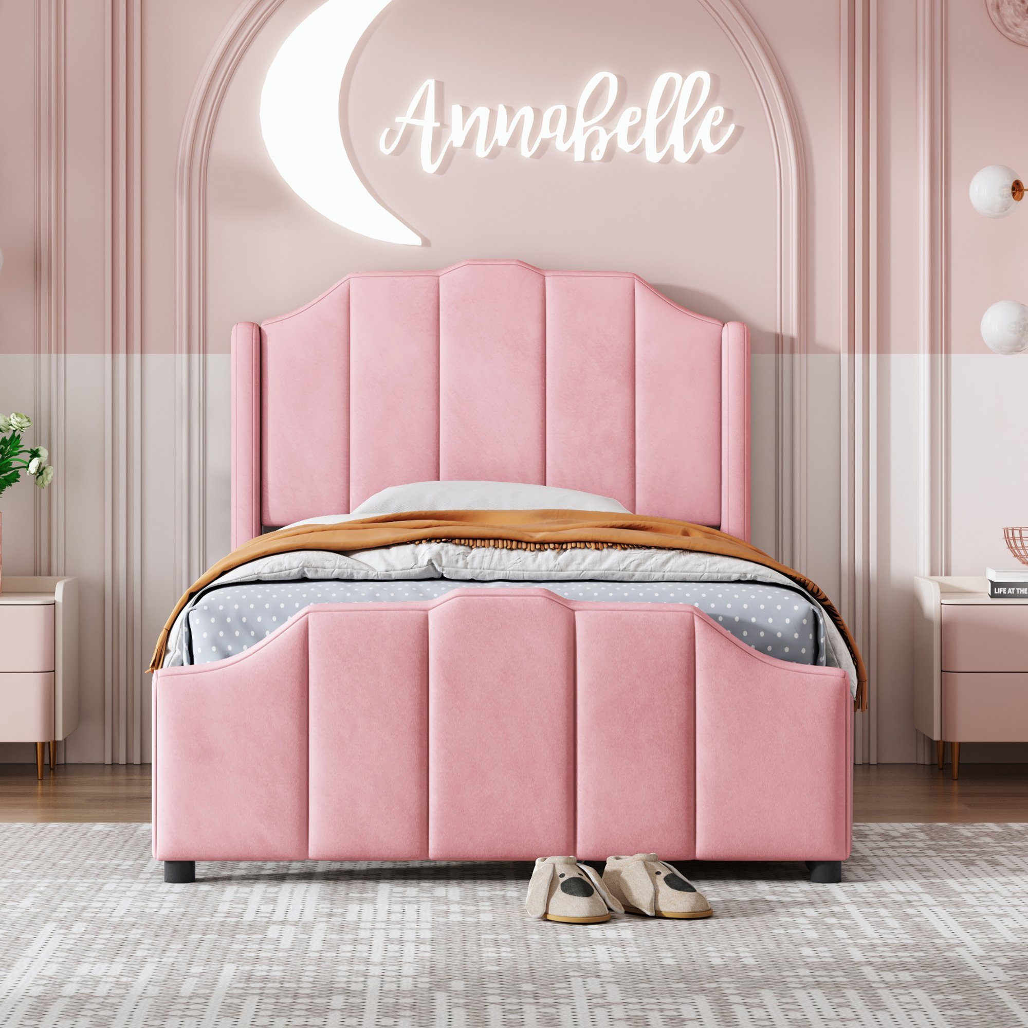 Polsterbett (Kinderbett), Einzelbett 90x200cm mit 2 Schubladen & Lattenrost, weicher Samt-Bezug