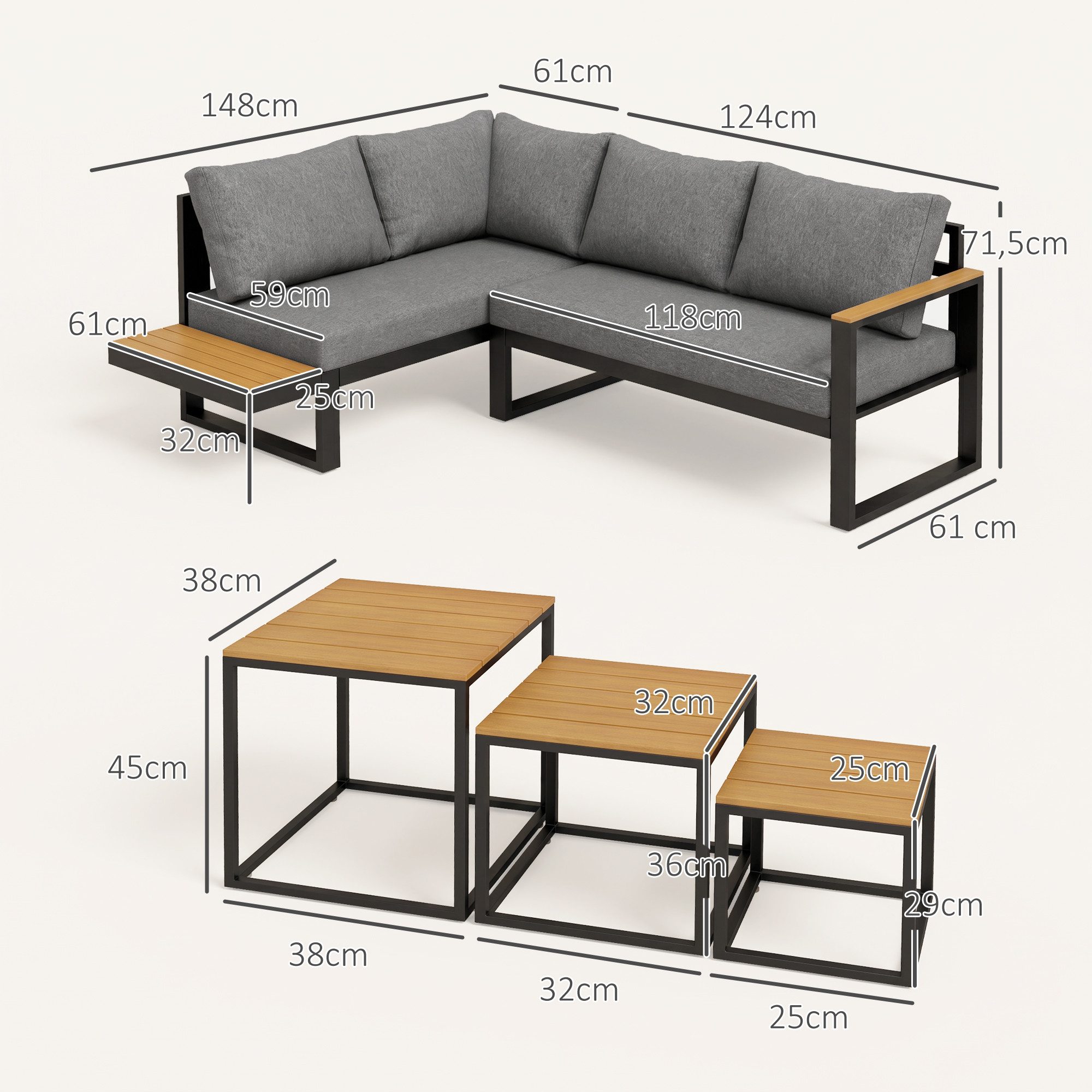Outsunny Sitzgruppe 5tlg. Gartenmöbel-Set Gartengarnitur mit Ecksofa Doppelsofa Couchtisch, (Gartenlounge-Set, 5-tlg., Balkonmöbel-Set), für Terrasse, Balkon, Dunkelgrau