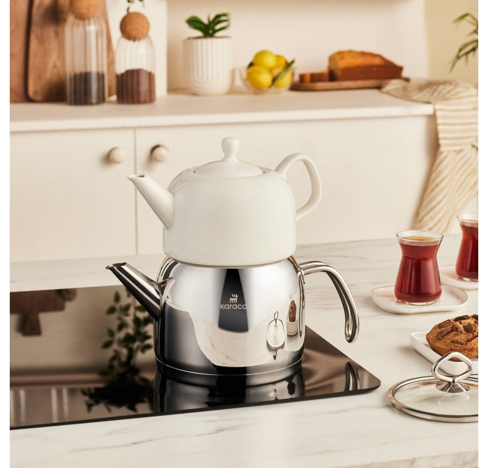 Karaca Teekanne Karaca Pocelinox Porzellan & Edelstahl Teekannen-Set XL – Silber