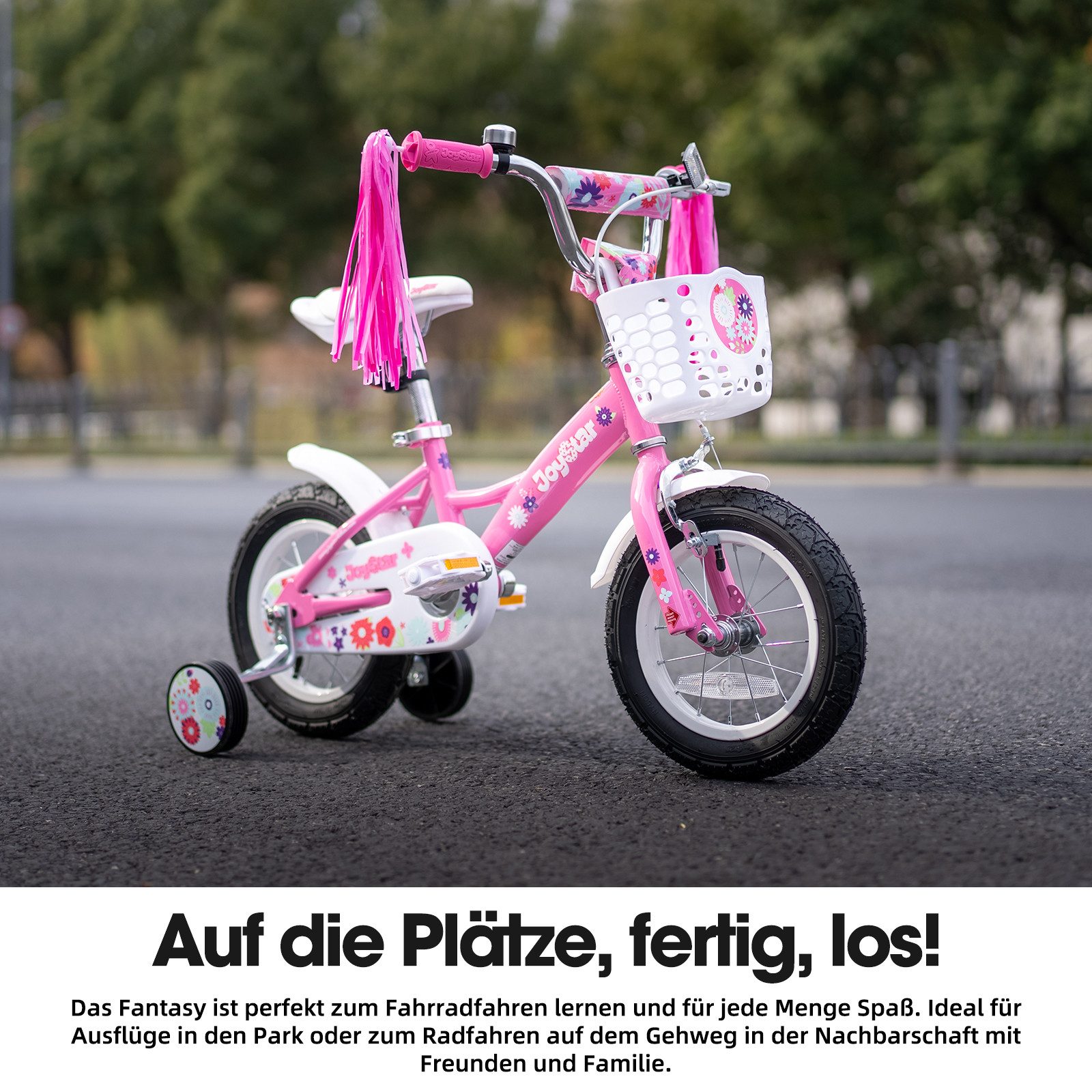 JOYSTAR Kinderfahrrad 12/14/16 Zoll Fahrräder für Mädchen im Alter von 2-7 Jahren, Mit Puppensitz, Bändern, Stützrädern, Korb, süßen Kritzeleien