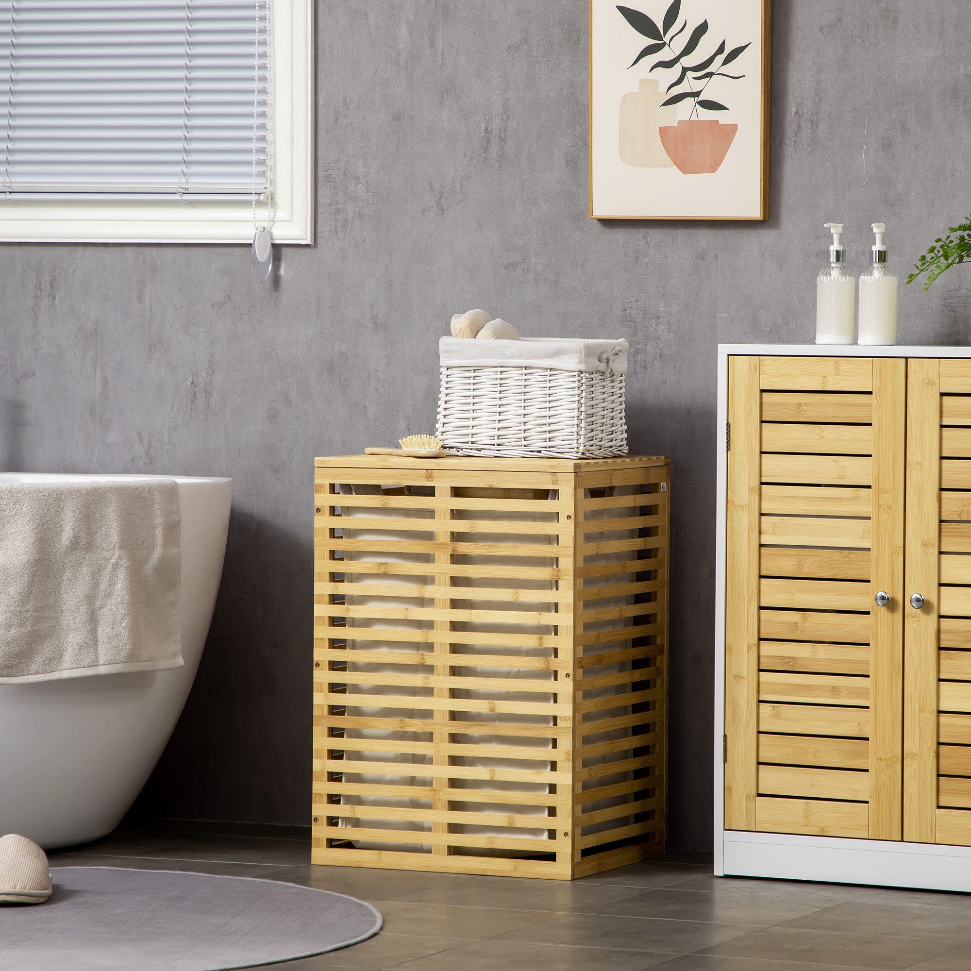 HOMCOM Wäschekorb mit Deckel, herausnehmbarer Wäschesack, Stange (63 L Wäsc günstig online kaufen