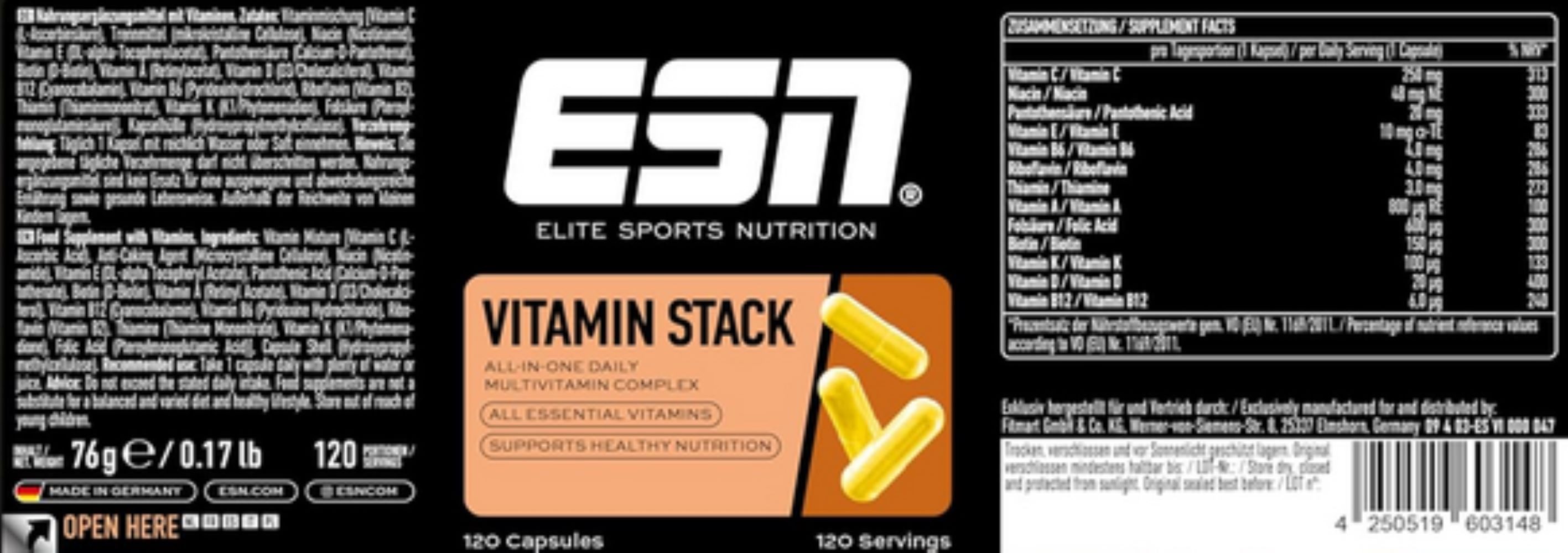 ESN ESN Vitamin Stack Multivitamin komplex 120 Kapseln Vitamine Kapseln, 120 St., 76 g, Mit 13 essenziellen Vitaminen