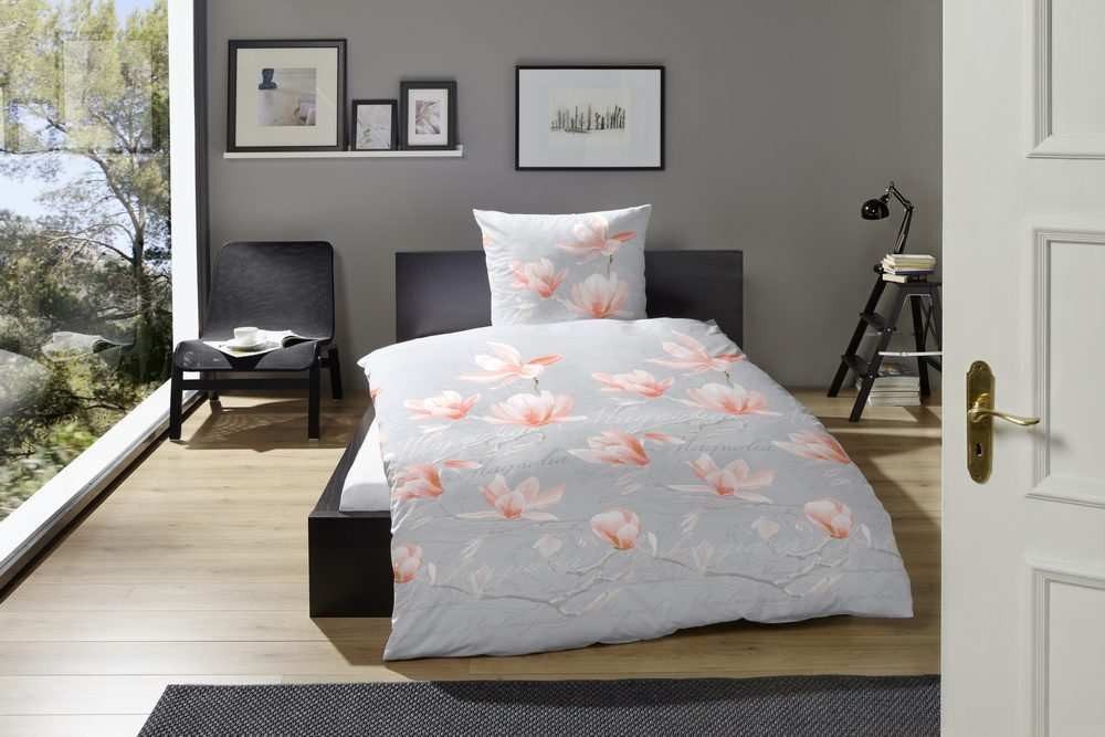 H.G. Hahn Haustextilien Bettwäsche Hahn Baumwoll Satin Bettwäsche Blumen Weiß Braun, Satin, 2 teilig