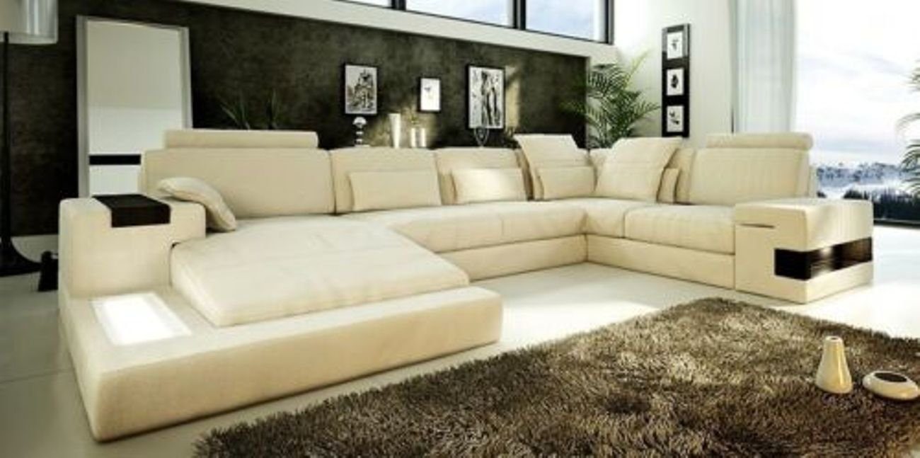 JVmoebel Ecksofa Leder Sofa Couch Couchen Polster USB Sofas Beige Garnitur Wohnlandschaft