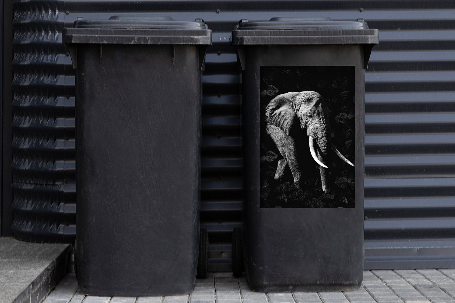 Botanischer und Container, - MuchoWow schwarz Mülltonne, Hintergrund Mülleimer-aufkleber, dunklem auf weiß (1 St), Wandsticker Abfalbehälter Elefant Sticker,