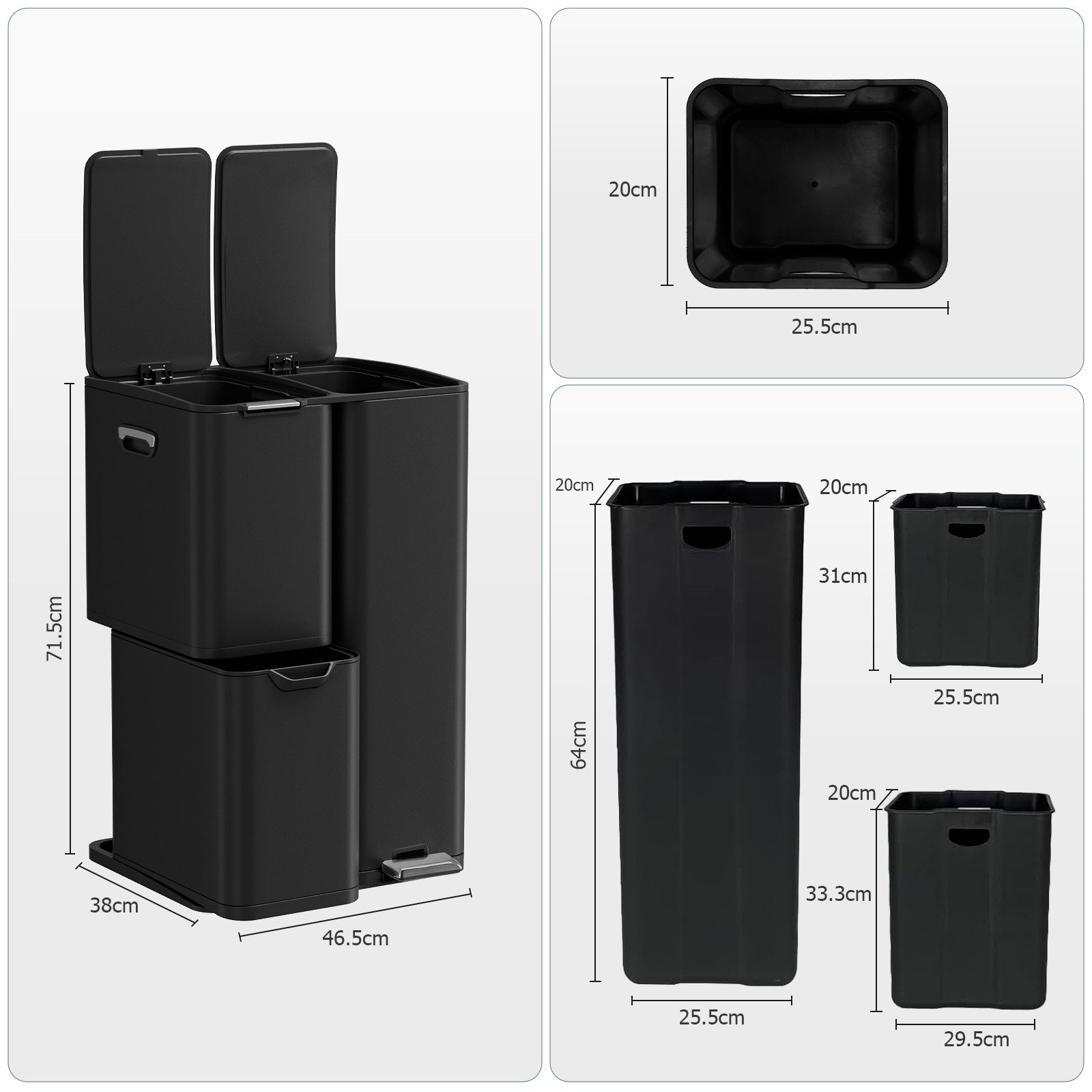 TLGREEN Mülltrennsystem 60L Edelstahl Abfallsammler mit 3 Fächern,Pedal- und Handbedienung, Soft-Close Deckel, Anti-Fingerabdruck, für Küche & Wohnzimmer