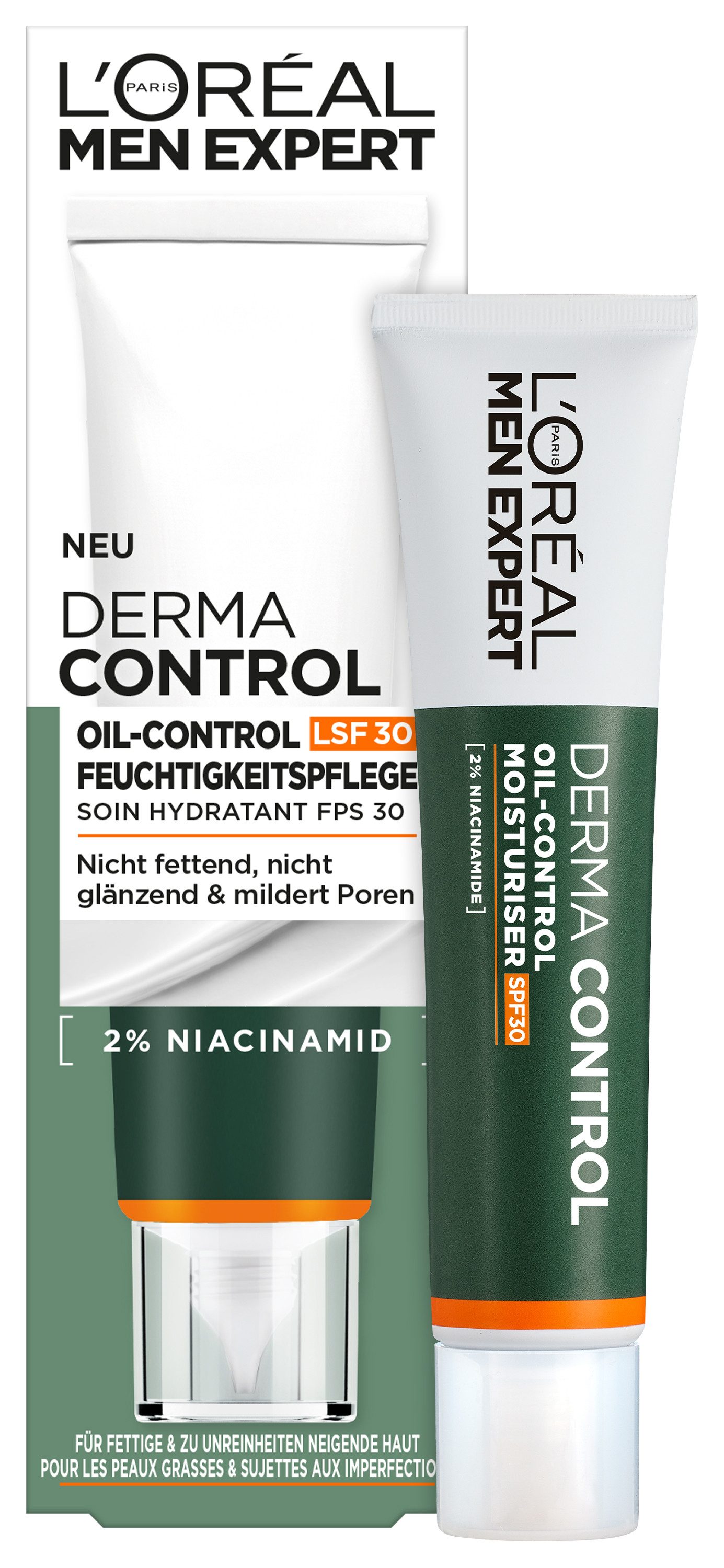 L'ORÉAL PARIS MEN EXPERT Hautcreme DERMA CONTROL OIL-CONTROL LSF30 FEUCHTIGKEITSPFLEGE, LSF 30, behandelt fettige und zu Unreinheiten neigende Haut.