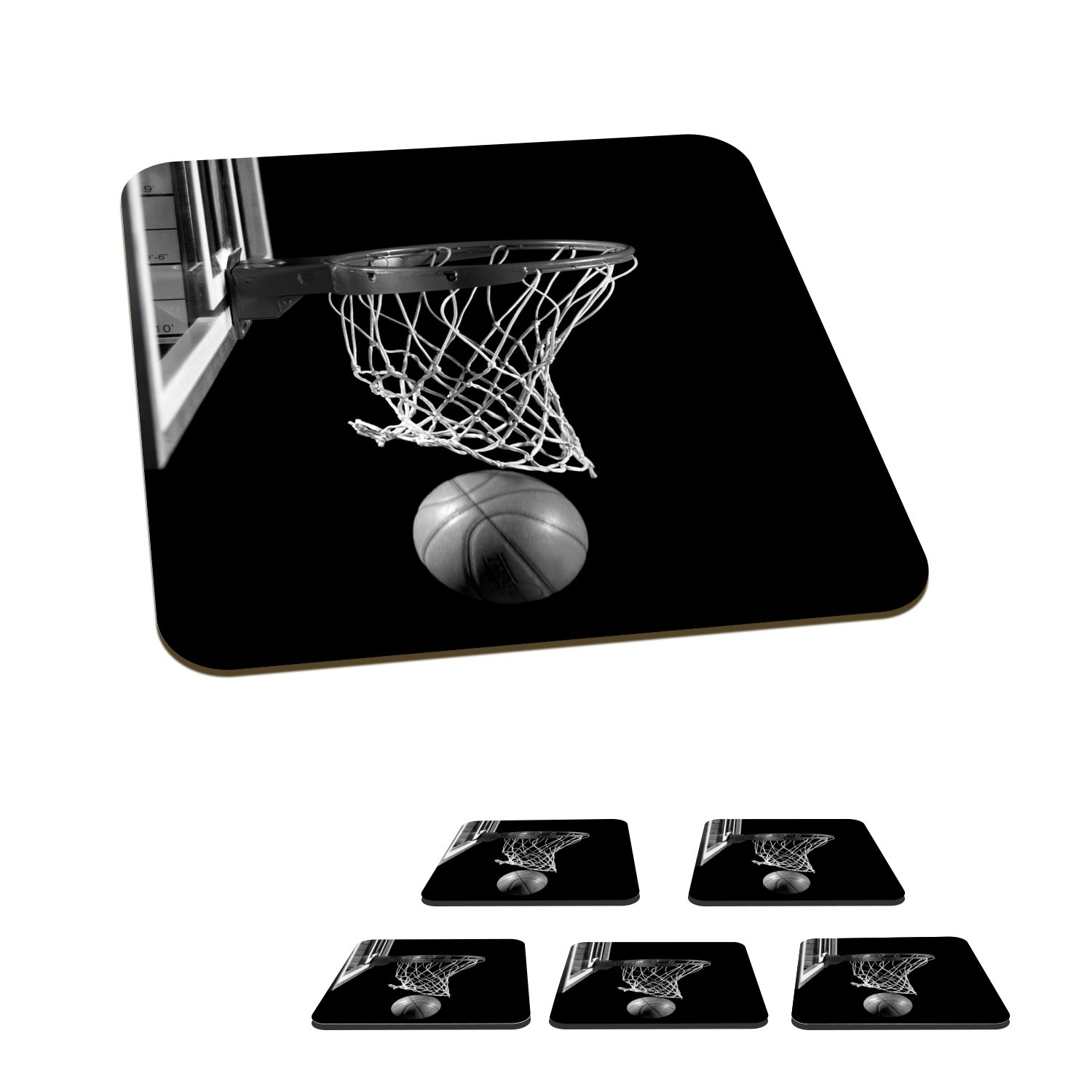 MuchoWow Glasuntersetzer Ein Basketball am Korb auf einem schwarzen Hintergrund - Schwarz und, Zubehör für Gläser, 6-tlg., Glasuntersetzer, Tischuntersetzer, Korkuntersetzer, Untersetzer, Tasse