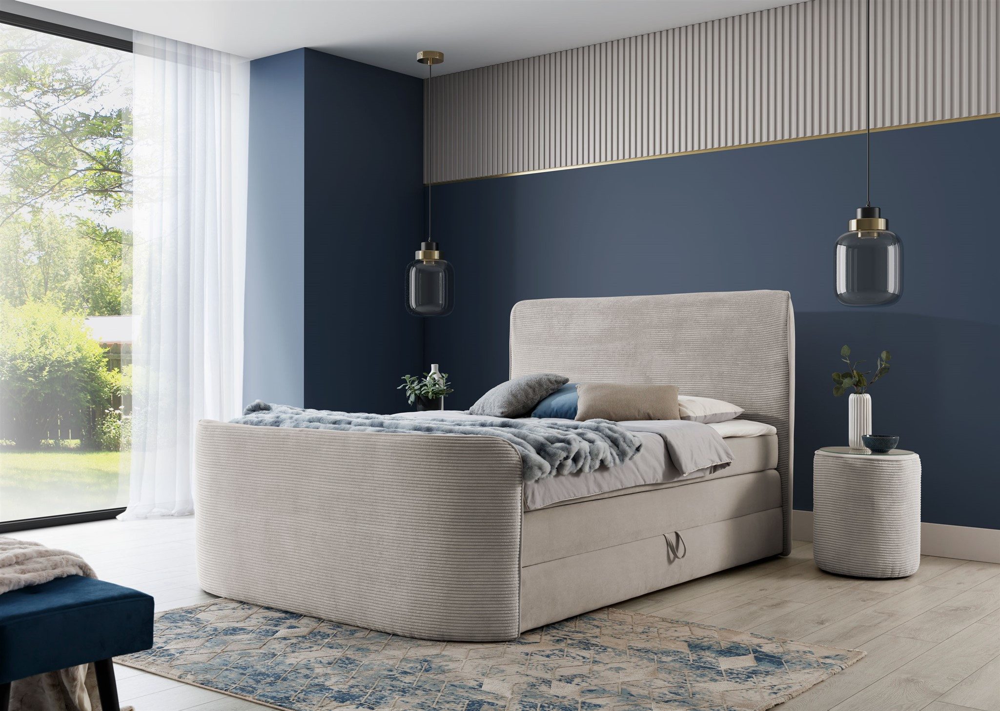 Fun Möbel Boxbett Bett Schlafzimmerbett BODY in Stoff Poso / Kronos (Inkl. Bettkasten und Topper), Kopfteil und Fußteil trendig gerundet