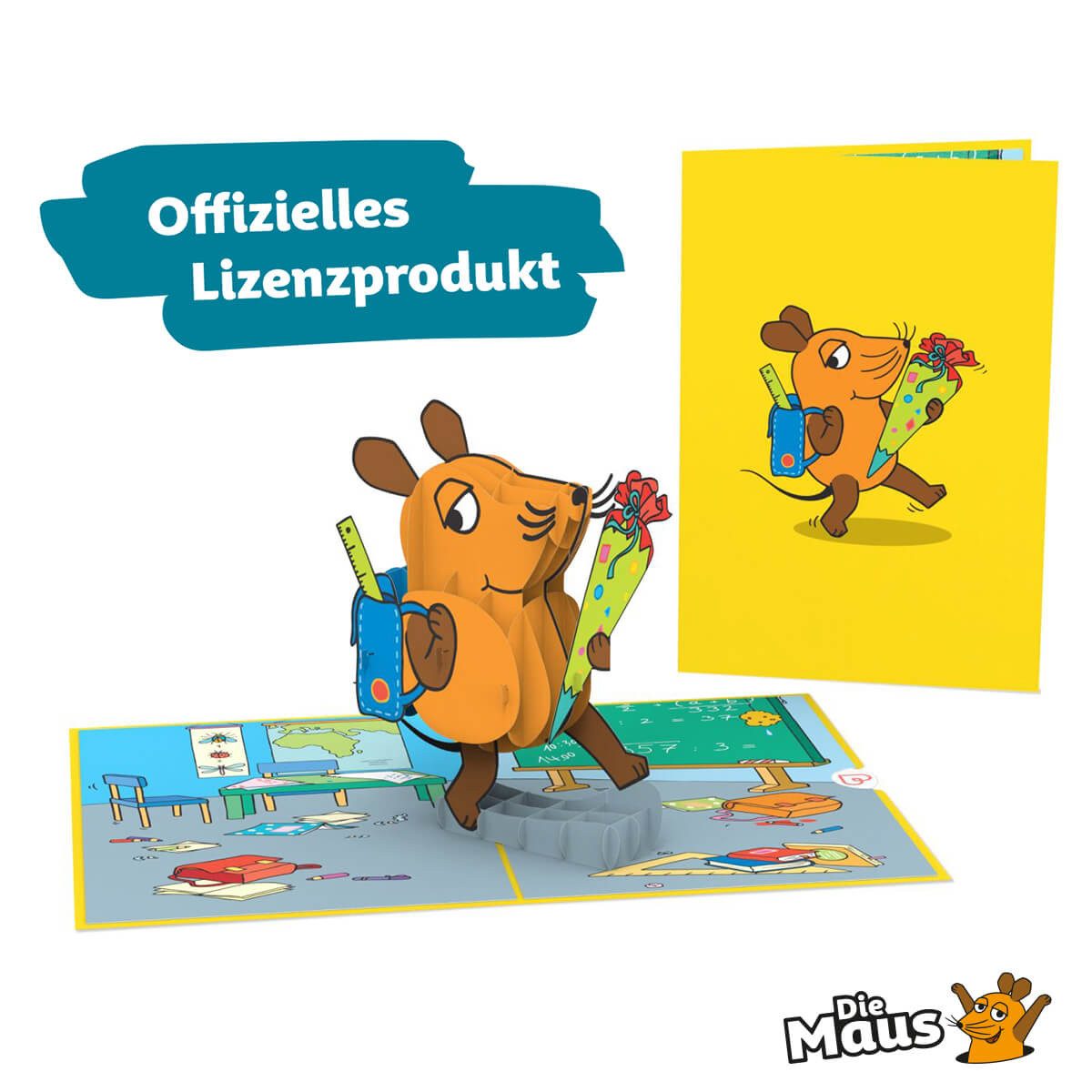 papercrush Schulanfangskarte Die Maus® mit Schultüte, Pop-Up Karte Einschulung für Mädchen & Jungen, Handgemacht, Offizielles Lizenzprodukt