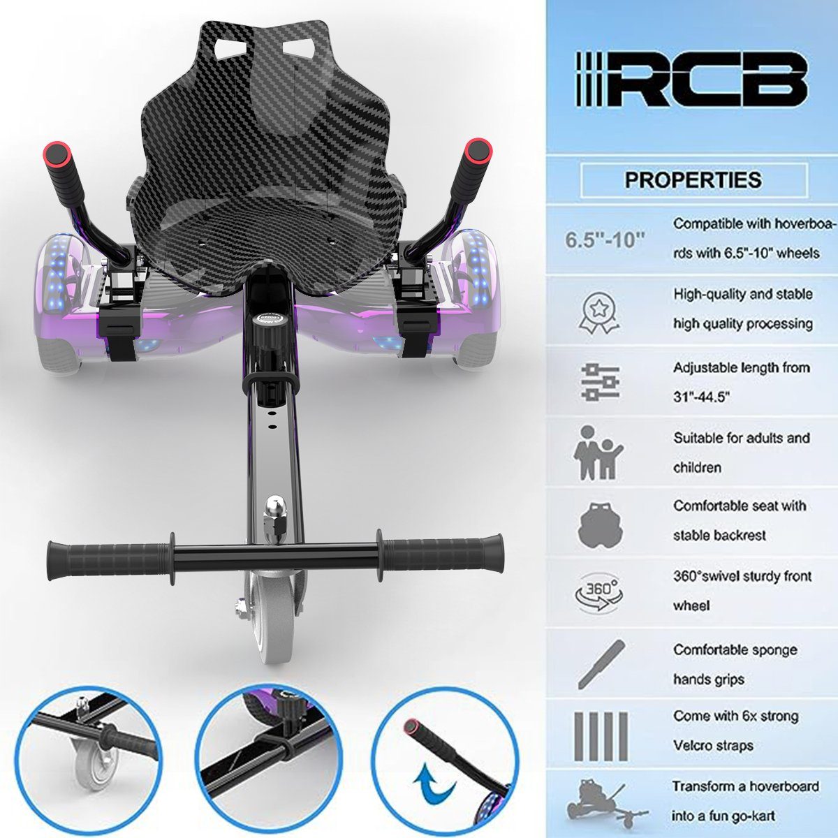 RCB TECH Balance Scooter Kart Sitz für 6,5"-10" Hoverboards, Go-Kart Zubehör für Balance Scooter