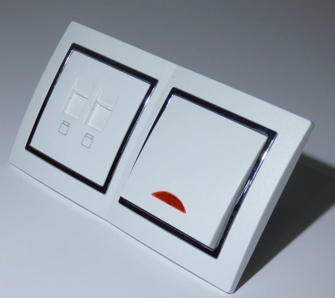 Lichtideen Schalter 9535 Levina S 2-er 1xKontroll 1x Netzwerk silbern Rand (Taster, Schalter, Anennendose, Steckdose mit USB lieferbar)