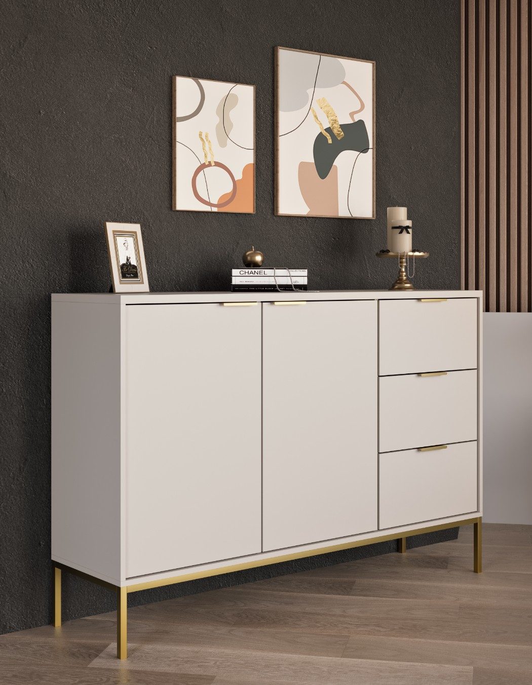 Raumhirsch Furniture Kommode Austin 150x40x100 cm (Einzelmöbel, Kommode mit 2 Türen & 3 Schubladen), hochwertige Verarbeitung, ABS-Kanten, elegante Metallgriffe