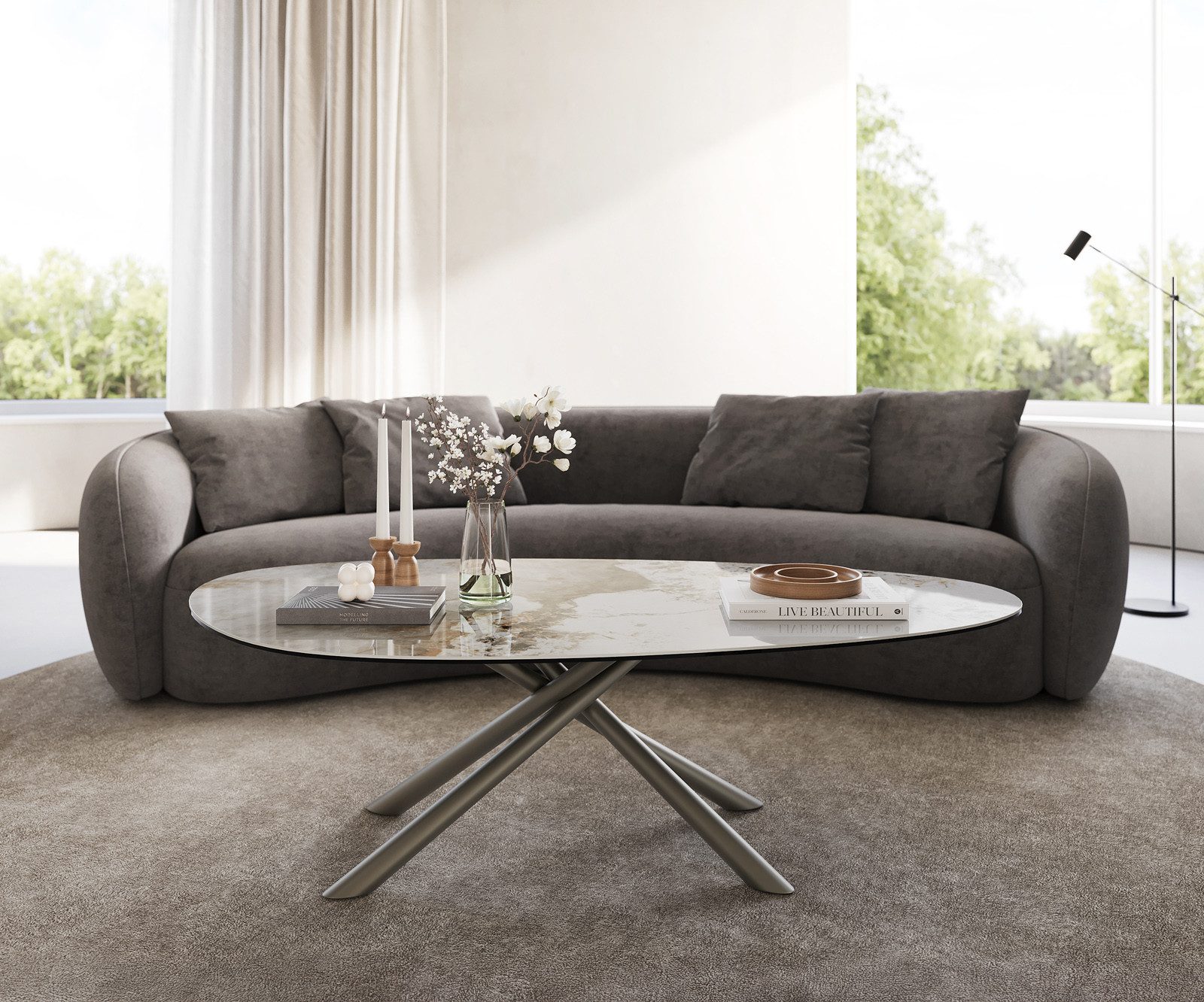 DELIFE Couchtisch Edge, Oval 140x75 cm Keramik Minas Melange Sarity Metall Effektfinish Titan