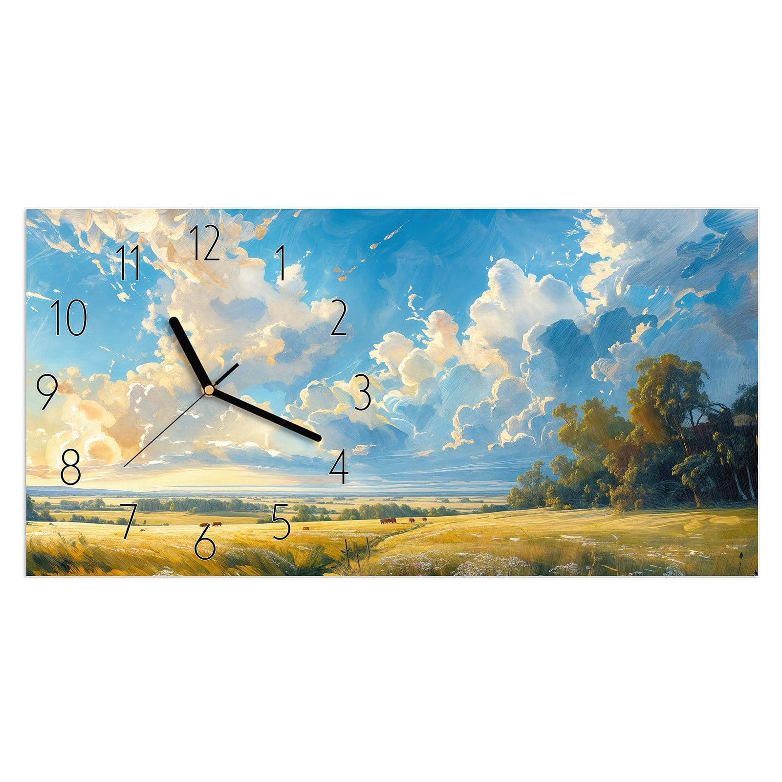 Wanduhr Glasuhr Wandkunst Größe 60 x 30 cm mit Motiv Landschaft mit Wolken