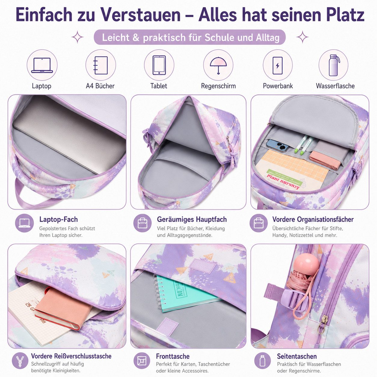 MOPUEA Schulrucksack 3 Stück Schulrucksack-Set Schultasche Teenager Turnbeutel (Große Kapazität Mit Praktischer Aufteilung, 3-tlg., Angenehmer Und Ergonomischer Tragekomfort), 3 Teilig Schule Rucksack mit Lunchpaket Tasche und Federmäppchen