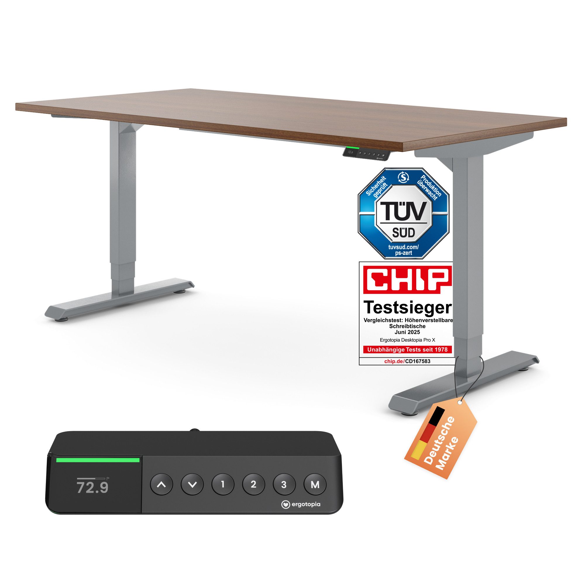 Ergotopia Schreibtisch Desktopia Pro X elektrisch höhenverstellbarer Schreibtisch, elektrisch verstellbarer Bürotisch inkl. edlem OLED-Display