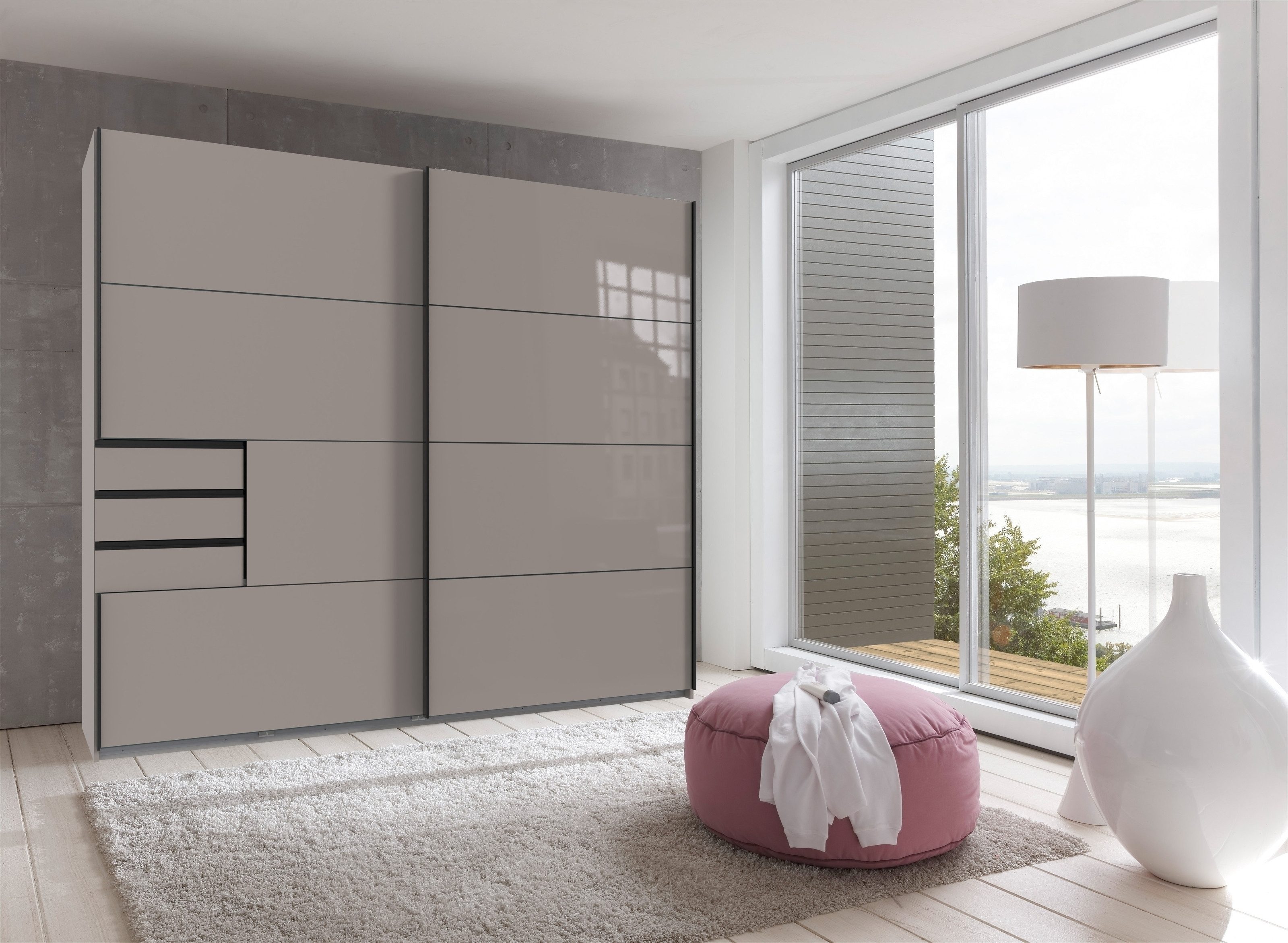 freiraum Schwebetürenschrank Saigon 3 Schubladen, SAHARAGRAU + GLAS SAHARAGRAU - 225x208x64 (B/H/T)