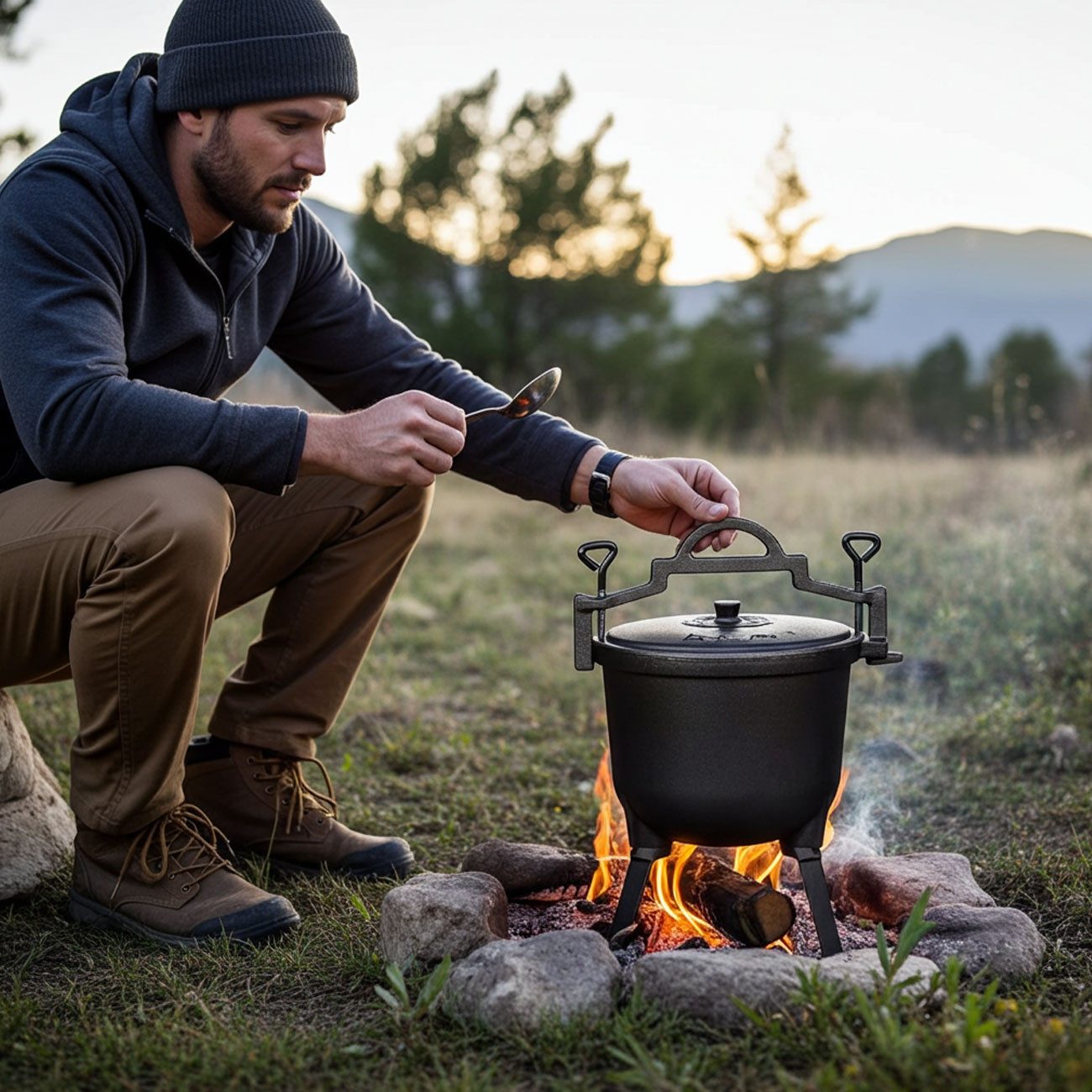 King Hoff Suppentopf Gusseisen-Campingtopf 7L: Outdoor-Lagerfeuertopf schwarz mit Deckel, Ideal für Camping, Ferienfreizeiten und Outdoor-Abenteuer geeignet.