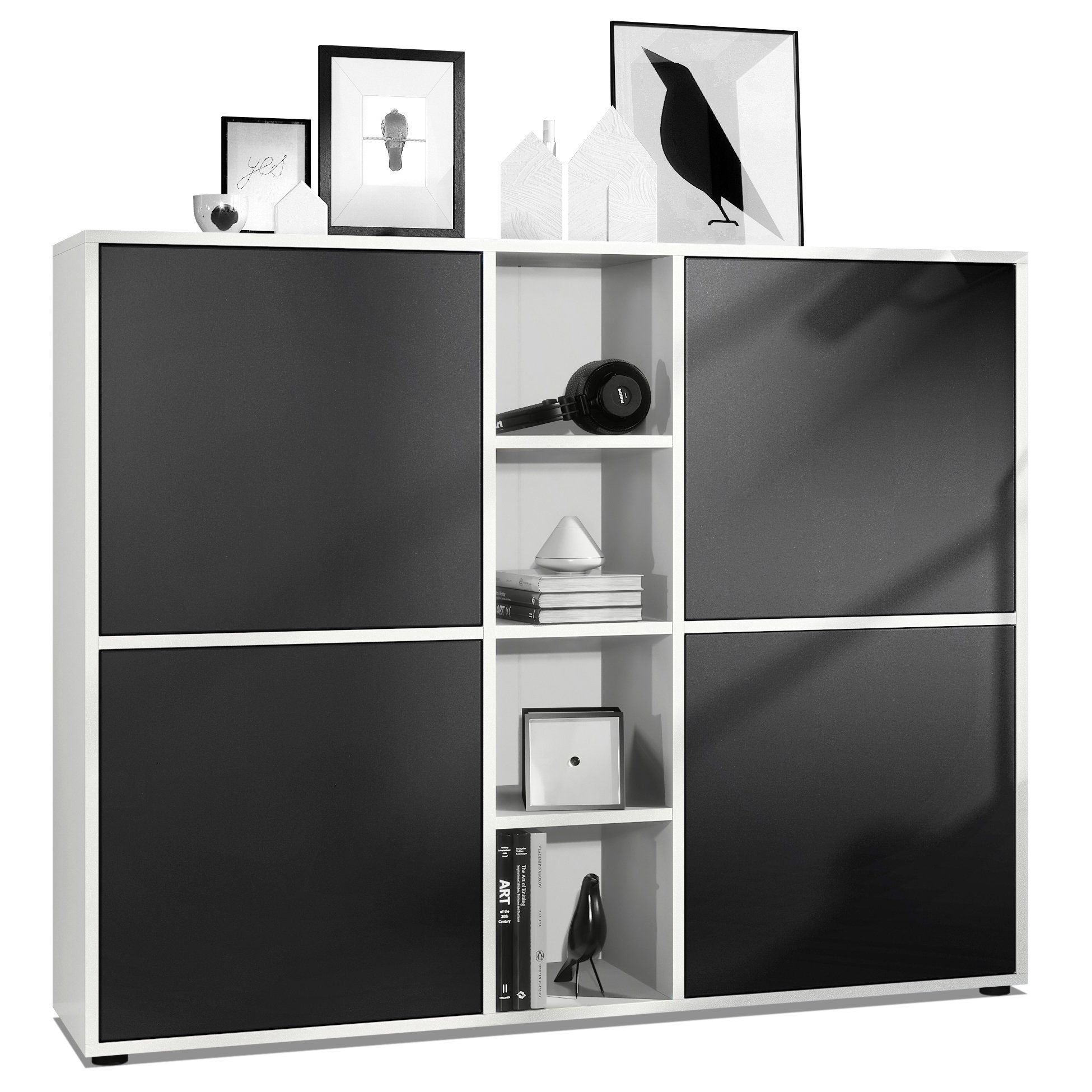 Vladon Highboard Cuba V3 (Highboard, Schrank Anrichte Cuba V3 mit 12 Fächern), Korpus in Weiß matt / Fronten in Schwarz matt (130,5x105,5x35,5 cm)