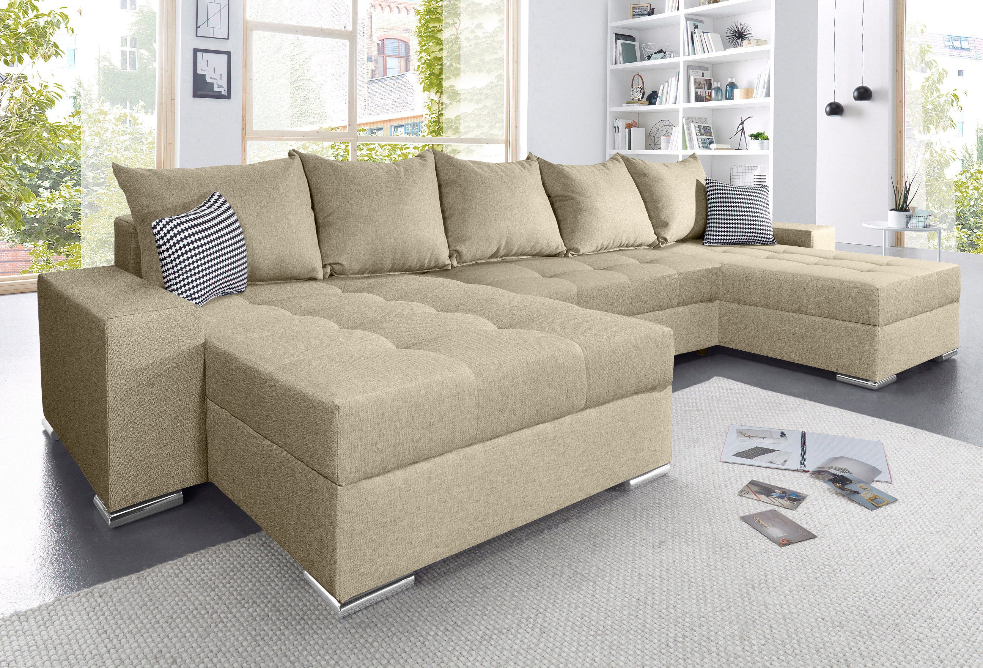 COLLECTION AB Wohnlandschaft Josy XXL U-Form, B: 333 cm, mit 2 Recamieren 77 & 97 cm, Bettfunktion, Bettkasten & 2 Zierkissen, Federkern