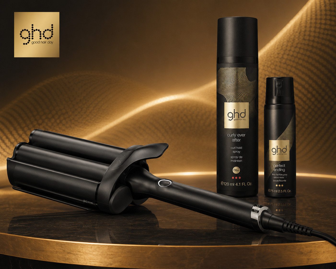 GHD Welleneisen Wave Triple Barrel Waver inkl. 2 ghd Stylingprodukten, für glamouröse Beach Waves und langanhaltende Looks.