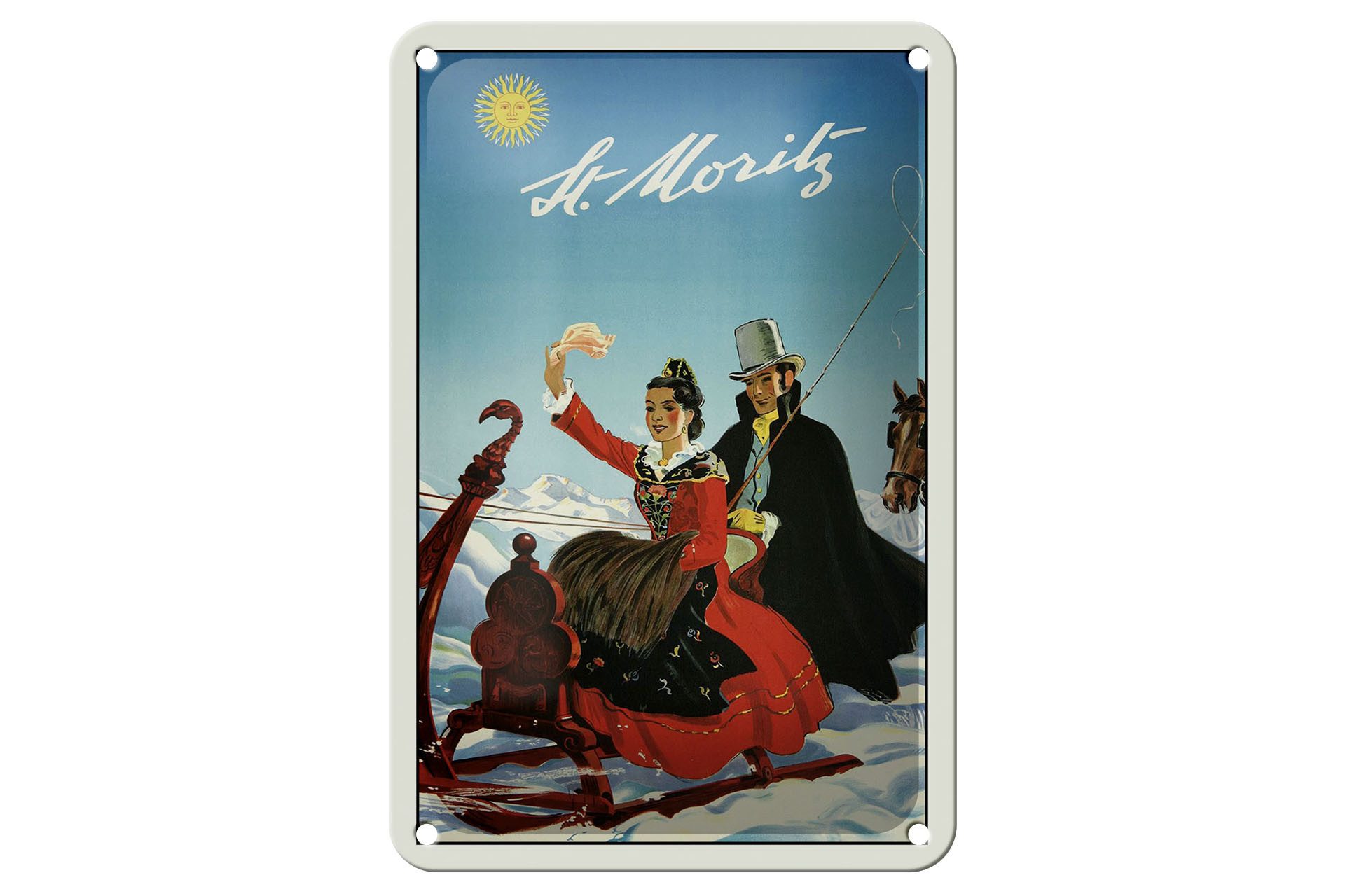 Femer GmbH Metallschild Reise 12x18 cm St. Moritz Pärchen auf Schlitten, (1 St), gewölbte Oberfläche, abgerundete Ecken, umgeschlagene Kanten