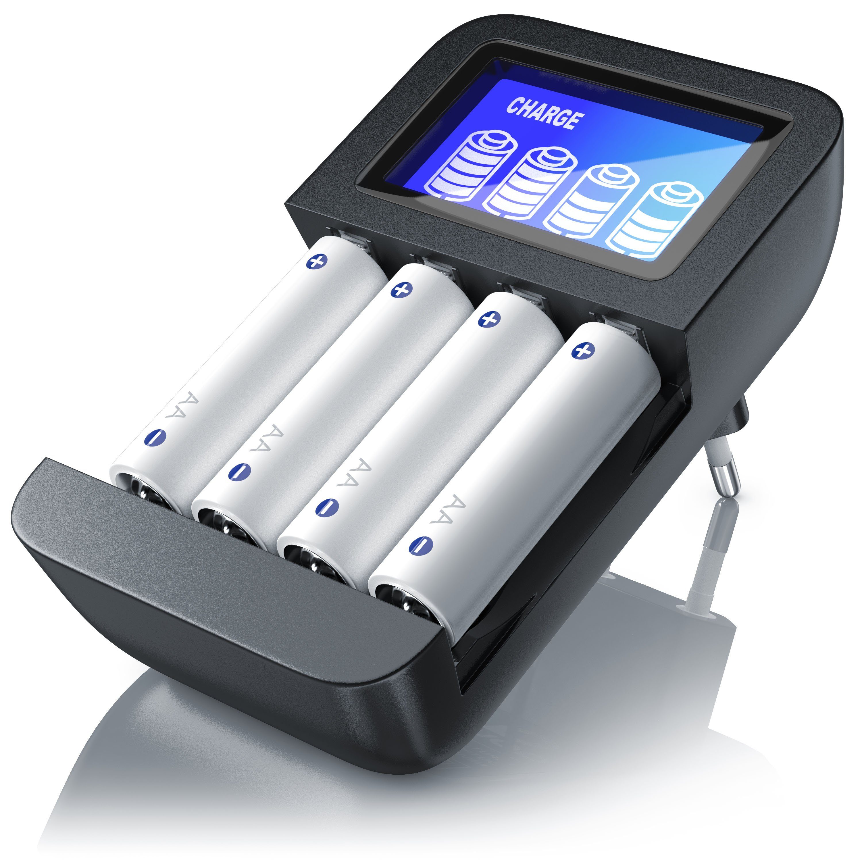 Aplic Universal 4-Schacht Akkulader geeignet für Typ AA / AAA NiMH Akkus Batterie-Ladegerät (2700 mA, 1-tlg., Mikroprozessorgesteuertes Laden, 4 Akkus, LCD, Batterieladegerät)