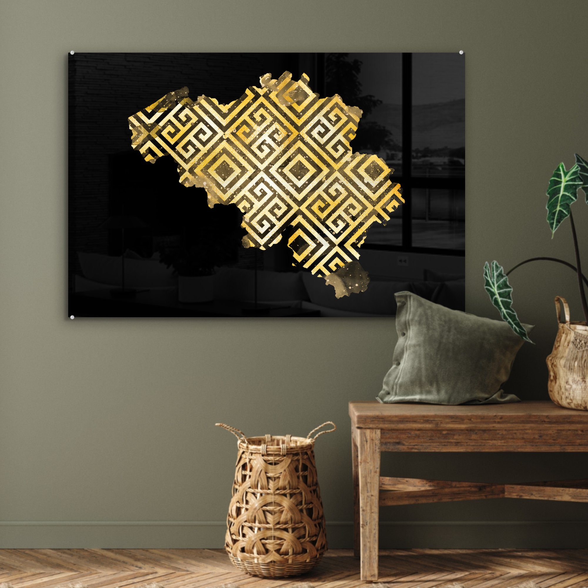 Muster, & Belgien Wohnzimmer - (1 Karte Gold - St), Acrylglasbild Schlafzimmer MuchoWow Acrylglasbilder