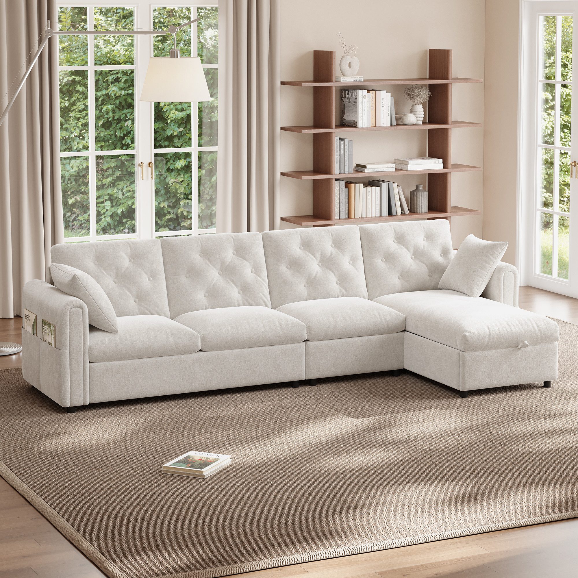 Merax Ecksofa L-förmiges 4-Sitzer sofa, 1 Teile, mit Bettkasten, Schlaffunktion, Kissen und Magazintaschen, Couch, Samt