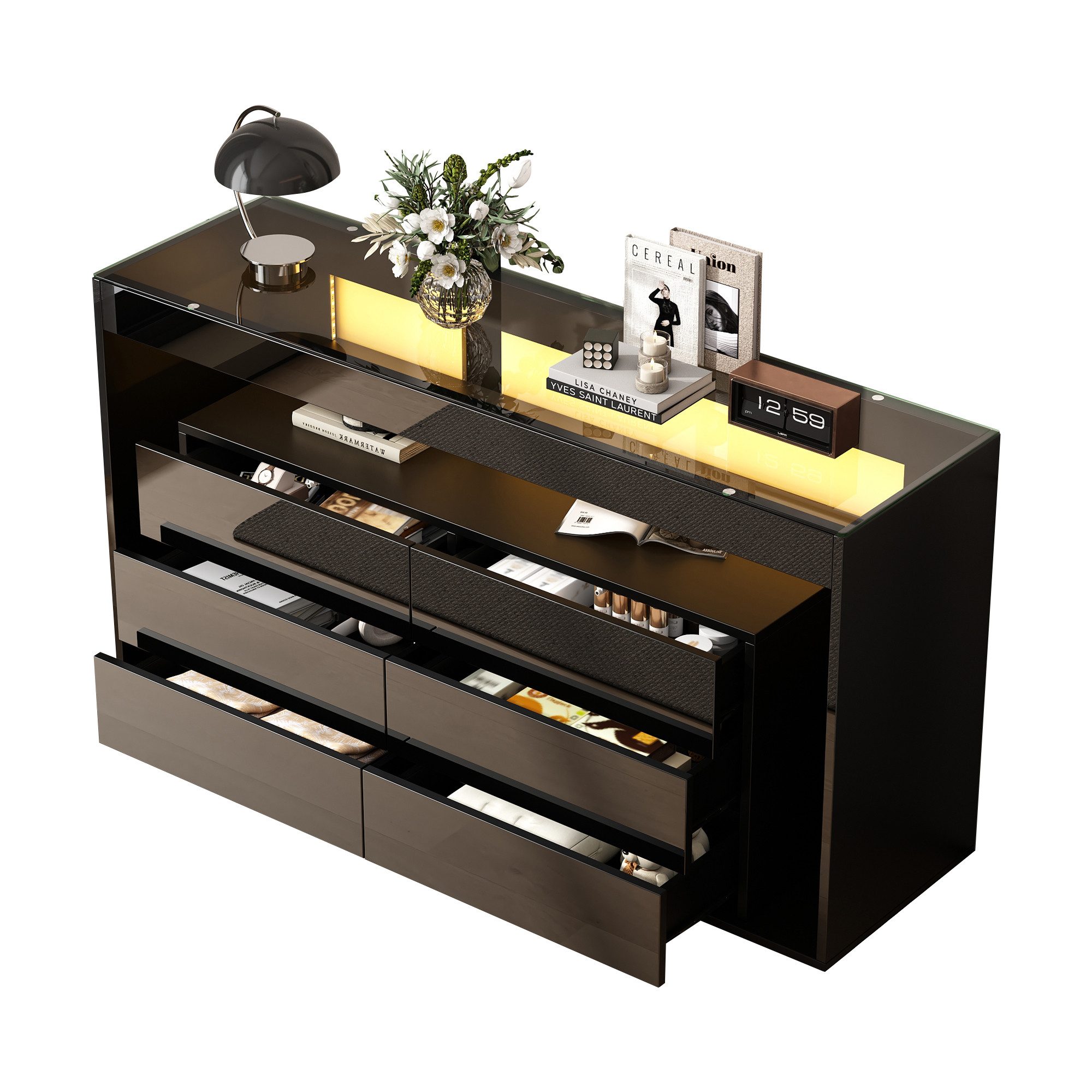 Merax Sideboard Hochglanz Kommode mit LED und Glasplatte (140x40x70cm, 1 St günstig online kaufen
