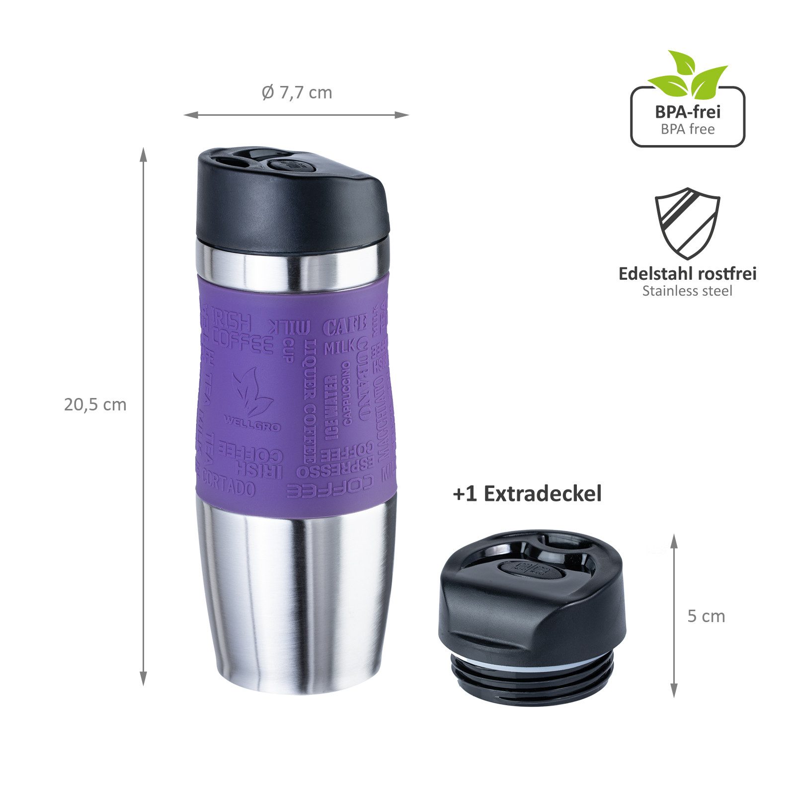 Wellgro Thermobecher Thermobecher 400 ml inkl. 1 Extradeckel