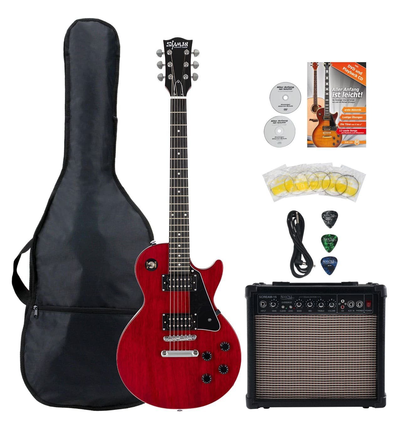 Shaman E-Gitarre SCX-100 - Single Cut-Bauweise - Mahagoni Hals - Macassar-Griffbrett, inkl. 15W Gitarren Amp & 5 teiligem Zubehörset