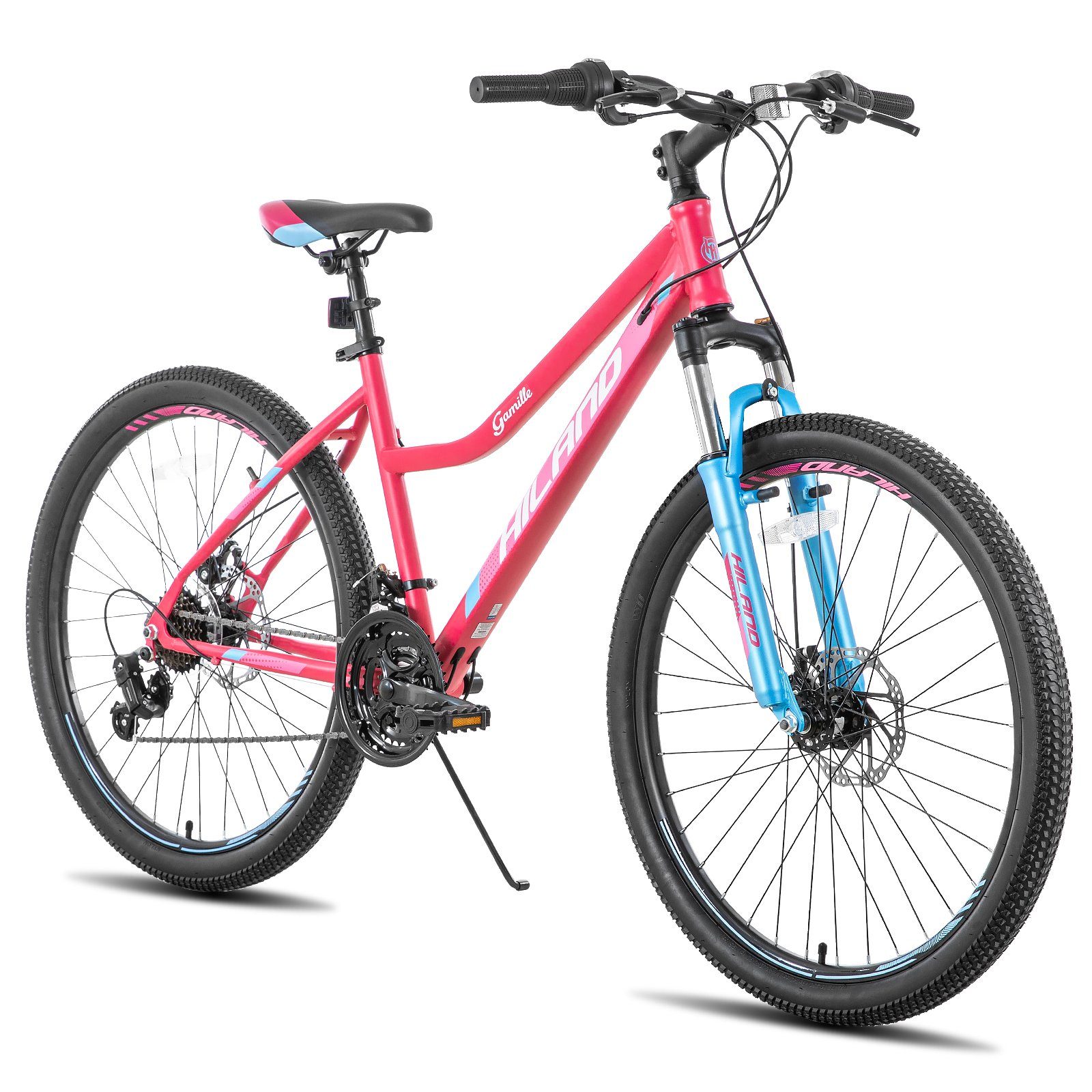 HILAND Mountainbike 26 Zoll MTB Damen mit Doppelscheibenbremse,Leichter Stahlrahmen, 21 Gang Shimano Tourney Schaltwerk, Kettenschaltung, (Set, Mit Schutzblechen), für Damen und Herren 160 - 175 cm MTB Hardtail Fahrrad Rosa